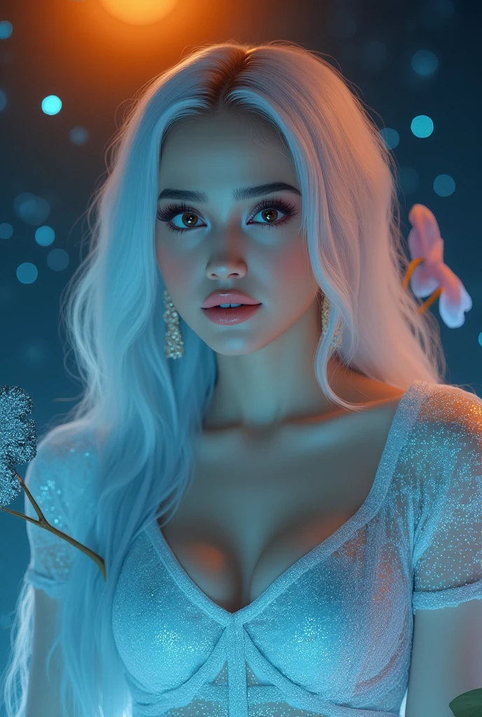 Crystal Reed, Beautiful realistic girl with BRIGHT WHITE-BLUE long hair , upper body, Close-up of clean skin with detailed skin ,full length,in a short miniskirt,on an orange background ,Against the background of the starry sky,bright makeup,EARRINGS WITH GLITTERS,two-leaf gray flower,translucent speckled bifoliate gray,Bioluminescent - Ultra High Quality 8K Music Equalizer, High contrast, rich colors, soft light, Super detailed photos. ultra high quality 8K, High contrast, noise reduction, яркие rich colors.. high quality, 8K Ultra HD, High contrasthigh quality,мягкие close focus,very beautiful flower, translucent red lily of the valley with dew drop flower, bioluminescent flower glows and shimmers, he grows in a mysterious forest, shrouded in mystery, Сверхhigh quality 8k, High contrast, rich colors, soft light, Ultra-detailed photos. Сверхhigh quality 8k, High contrast, noise reduction, bright rich colors.. high quality, 8K Ultra HD, High contrast
