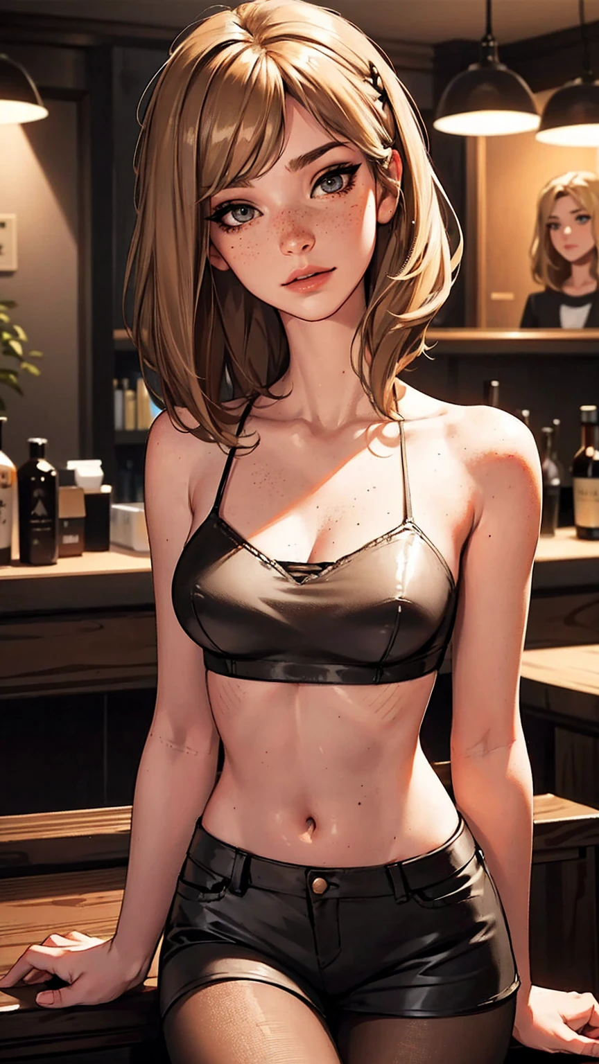 （lifelike， high - resolution：1.3）， 1 girl with a perfect body，slender body, Suprenme face and eyes， blaire ivory, lena anderson, (dark eyelashes, eyeliner), shoulder length  hair, freckles, golden brown  hair with dark roots, shoulder length hair, skinny, petite, saloon girl, saloon bartender, long torso, abdomen, torn pantyhose under short shorts