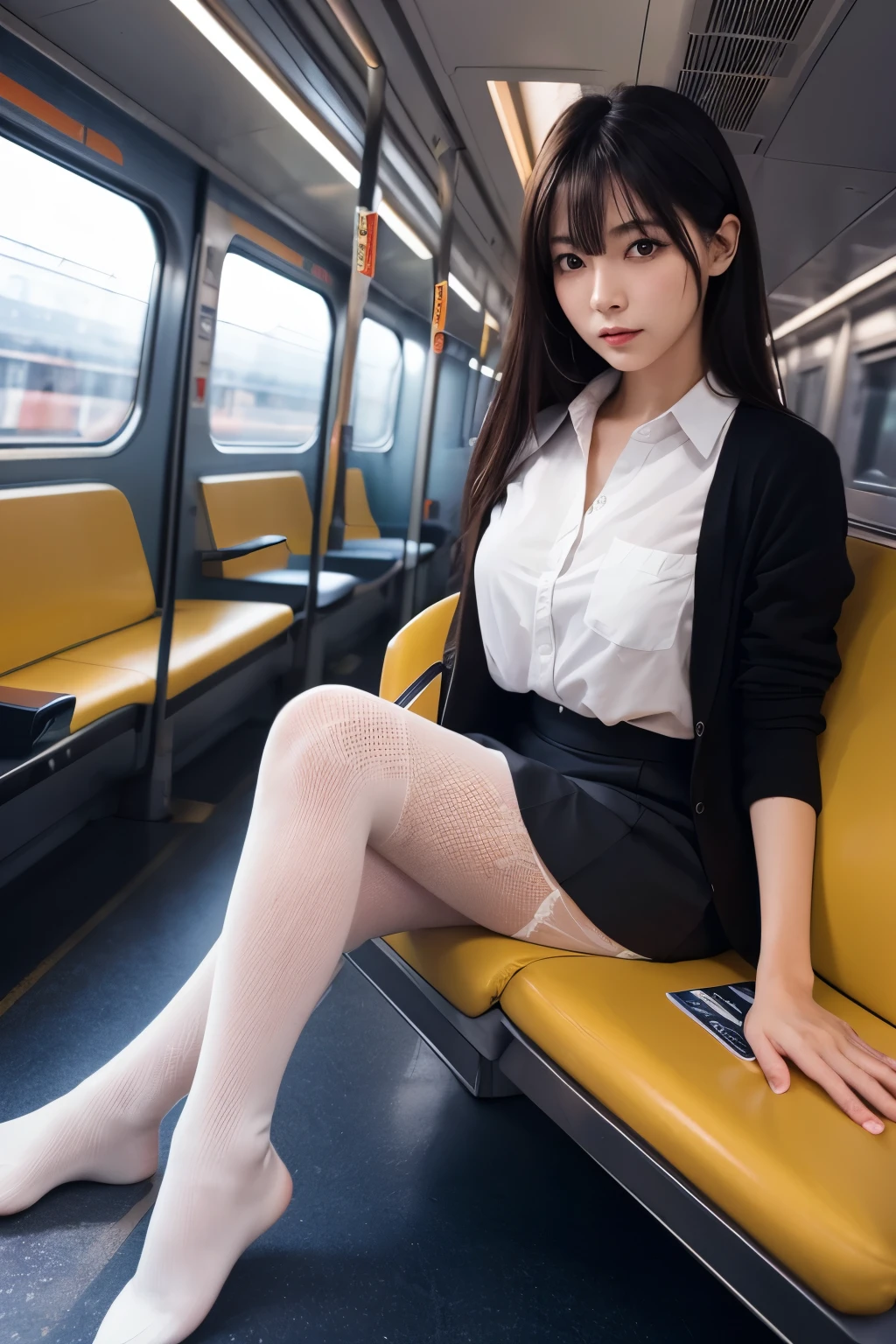 white panty shot,sitting in a chair,train,school uniform,closed eyes,large breasts,cameltoe,