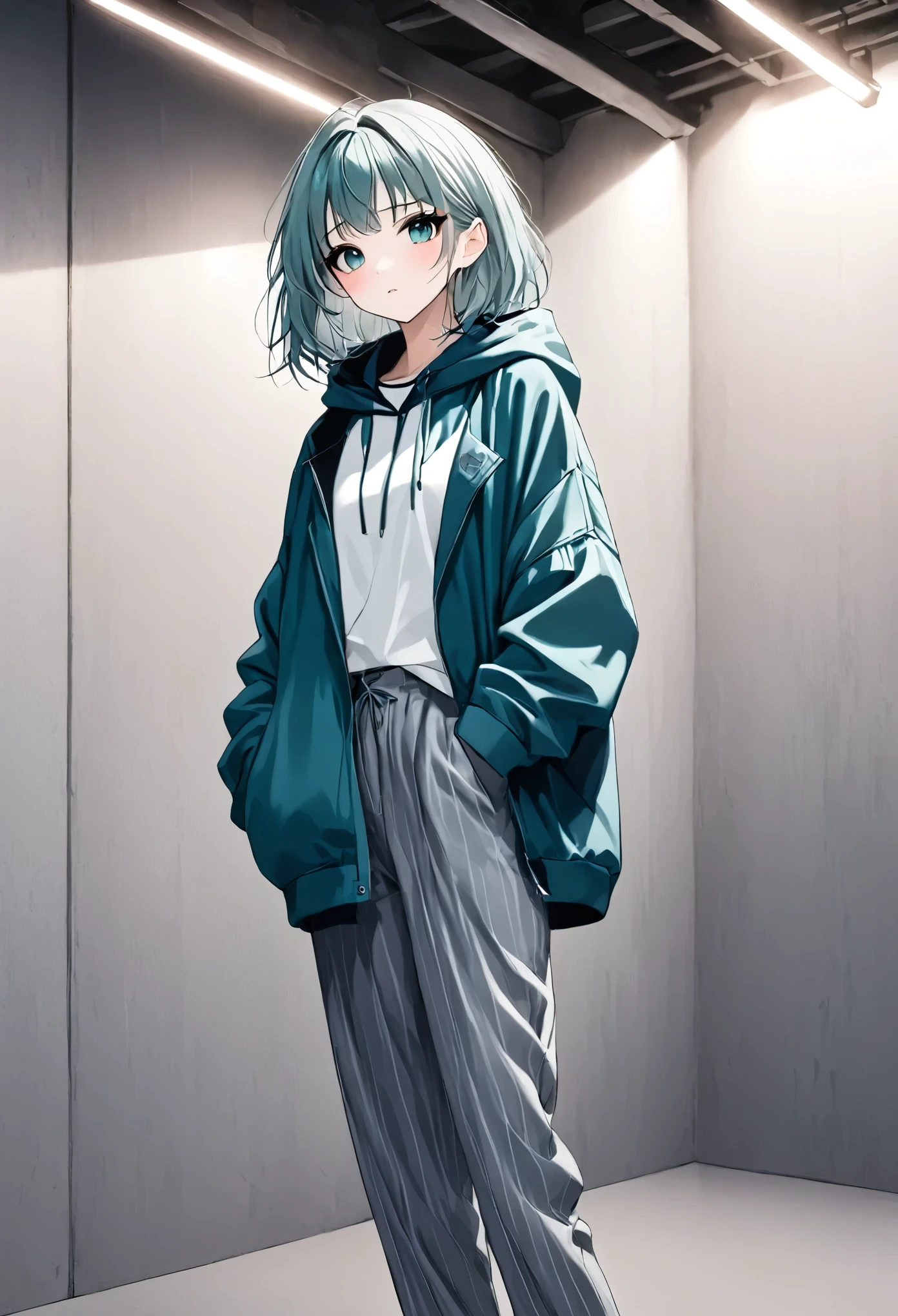 anime girl, pastel,dark gothic style, fashionable woman, teal hooded jacket, striped navy and white top, loose gray pants, casual and modern style, minimalistic background, relaxed pose, clean and fresh aesthetic, comfortable fit, everyday fashion, natural look, soft lighting, simple and stylish, casual chic, muted color palette, focus on layering, contemporary outfit