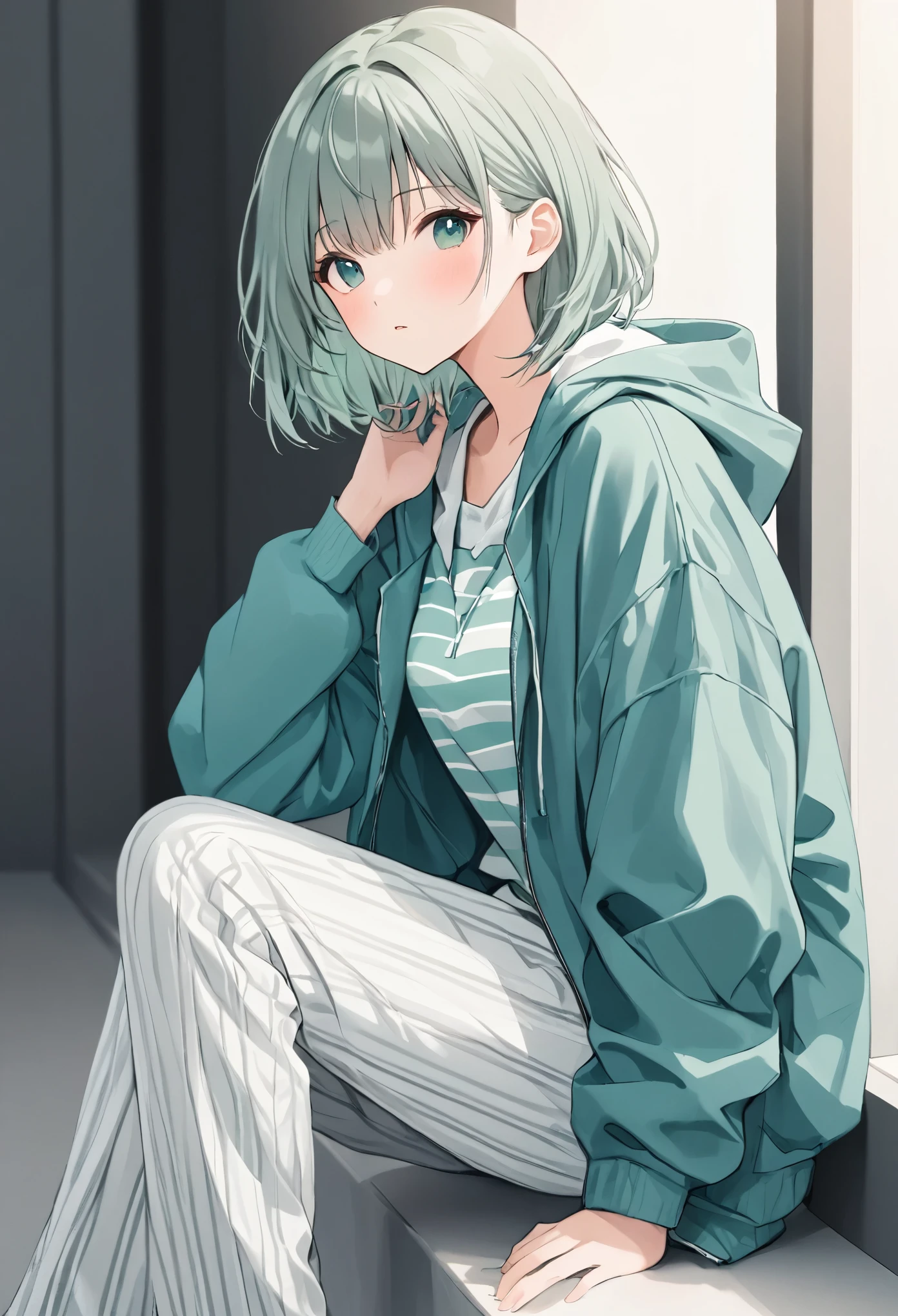 anime girl, pastel,theme color green, fashionable woman, teal hooded jacket, striped navy and white top, loose gray pants, casual and modern style, minimalistic background, relaxed pose, clean and fresh aesthetic, comfortable fit, everyday fashion, natural look, soft lighting, simple and stylish, casual chic, muted color palette, focus on layering, contemporary outfit