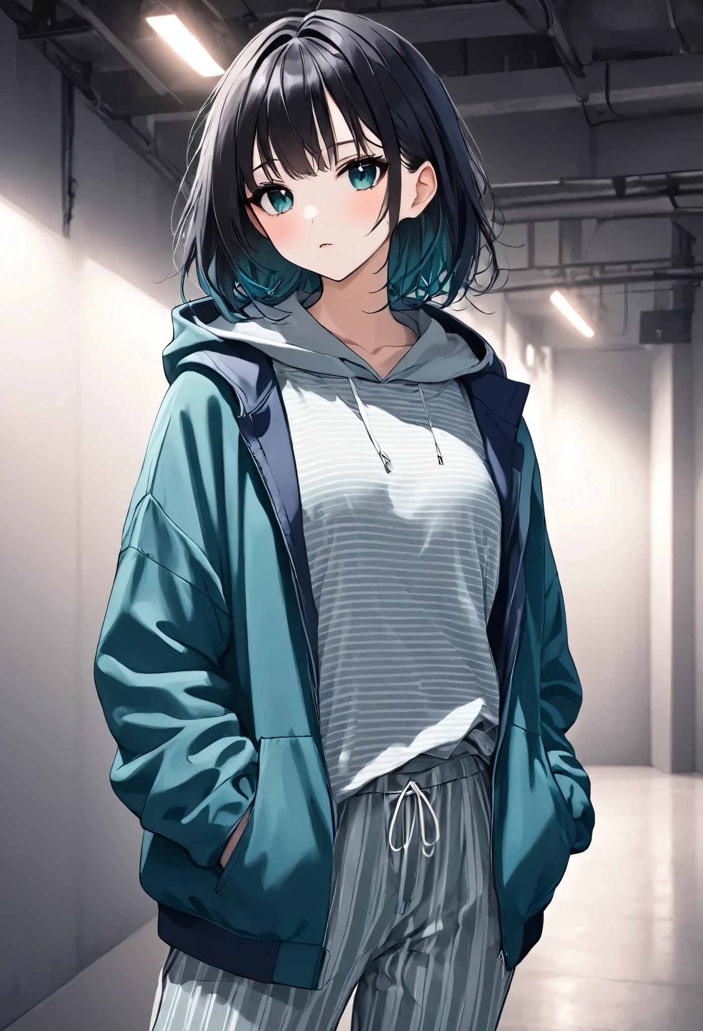 anime girl, pastel,dark gothic style, fashionable woman, teal hooded jacket, striped navy and white top, loose gray pants, casual and modern style, minimalistic background, relaxed pose, clean and fresh aesthetic, comfortable fit, everyday fashion, natural look, soft lighting, simple and stylish, casual chic, muted color palette, focus on layering, contemporary outfit