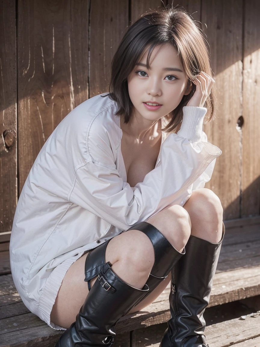 (((Raw photo、64k、超最High resolution、Super best image quality、super highest quality、64k resolution、CG Unity K Wallpaper、pphotorealistic1.5、The sharpest picture quality、clear image、マスターmasterpiece、portrait photography:1.pphotorealistic, masterpiece: 1.photorealistic、sharp focus、High resolution、)))、1 female、(alone:1.5)、(super beautiful)、(beautiful face:1.5)、(facial details:1.5)、(eye details:1.1)、(lip details:1.1)、(nose details:1.1)、(Kick Up:1.5)、(long hair）、(white t-shirt:1.5)、(braun skirt: 1.5)、(black boots:1.5)、(lace white panties:1.6)、(espadrilles:1.6)、make、brown hair、Shibuya Grand Staircase、go down the stairs、Sky from below camera angle、(SFW time:1.5),highly detailed feet 1.2、Very transparent weapon 1.2、An angle where the camera is stepped on from below１.5、(The skirt sways and reveals her panties:1.5）、