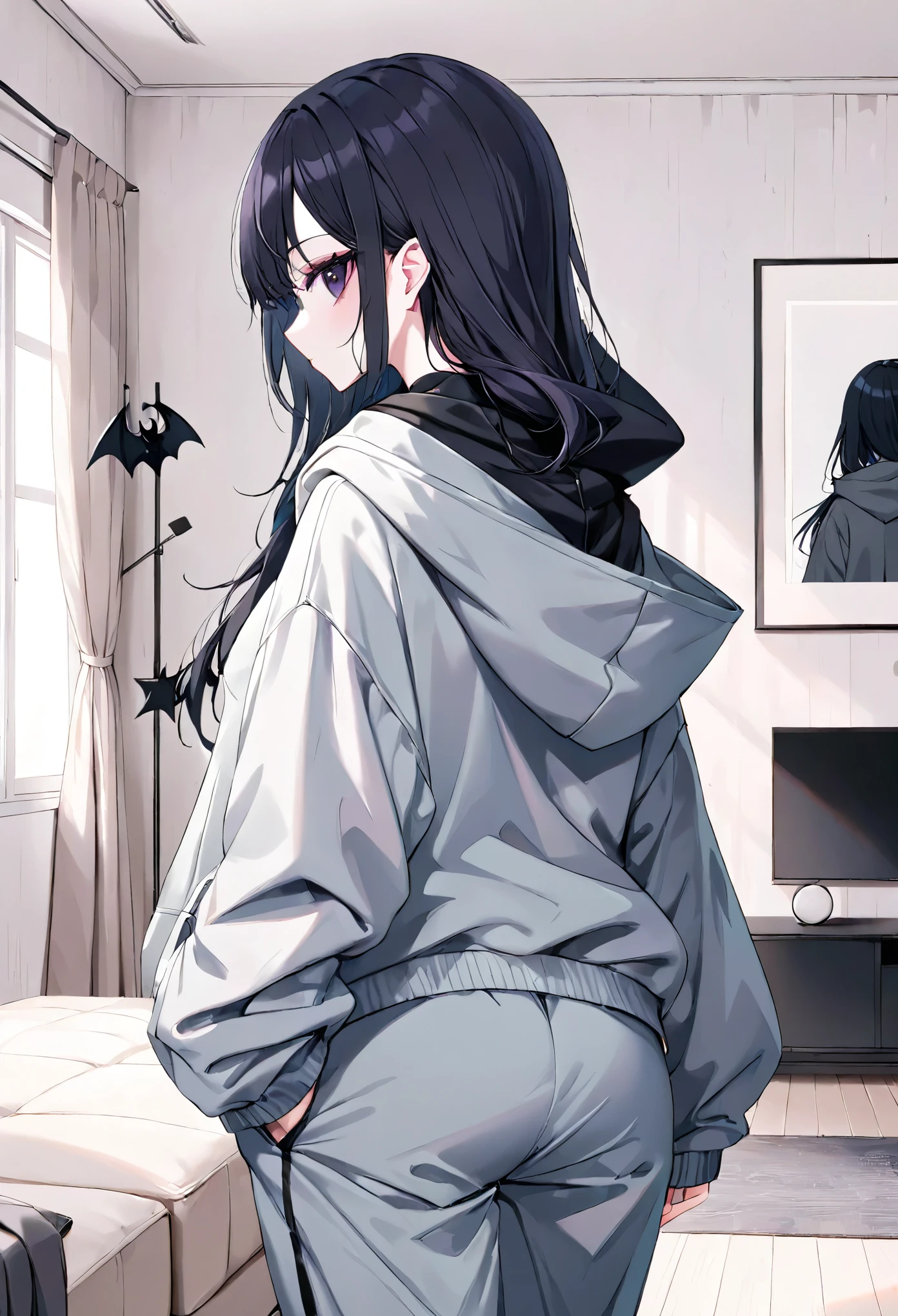 anime girl, pastel,dark gothic style, fashionable woman, oversized gray hooded jacket, matching wide-leg pants, casual and relaxed style, minimalist aesthetic, back view, neutral color palette, loose and comfortable fit, simple and modern, indoor setting, clean background, effortless look, contemporary fashion, monochromatic outfit, focus on texture and fabric, understated elegance, casual chic