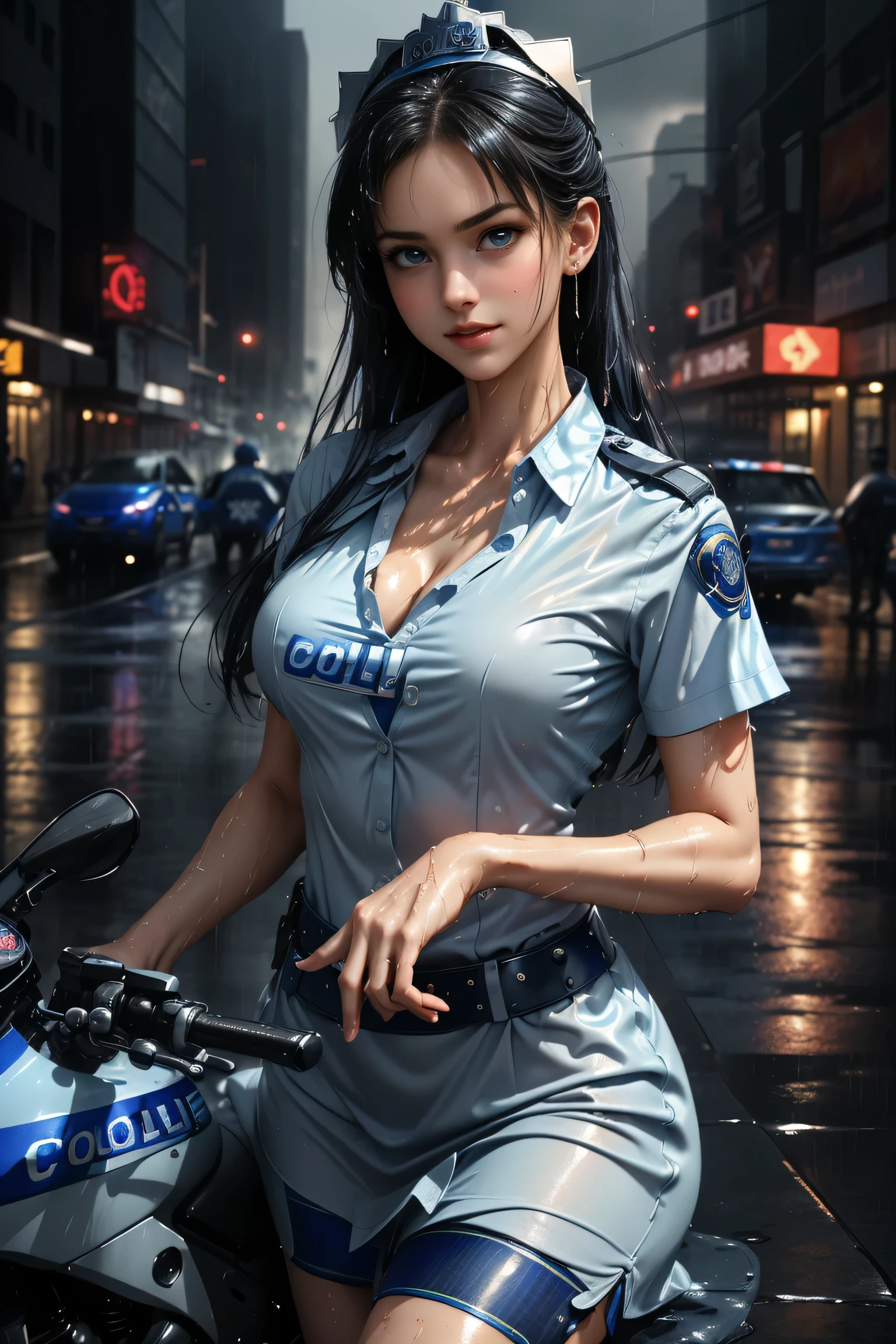 (( girl riding a motorcycle through the streets of New York))、(RAW shooting、 Photorealistic :1.5、8k、Best Quality、masterpiece、 Ultra High Definition )、 Perfect Dynamic Composition :1.2、Night Street Corner,((Heavy rain due to typhoon )),  very detailedな肌と顔のテクスチャ:1.2, ((雨にwetslimな女性:1.3)),  sexy beauty ,  perfect style:1.2, Aesthetic and beautiful ,  white skin,  very beautiful face, (Rain dripping all over my body:1. 2, wet髪:1.4, wet:1. 2)、Water drops on skin、( medium chest、Chest gap)、(Shy laugh、 Expression When Feeling Intense Caress 、 Expression When Feeling Pleasure )、(Beautiful blue eyes、 Beautiful Erotic Eyes :0.8)、(Too erotic:0.9、charm's:0. 9）、 (( female cop :1.5)),(( Light Blue Short Sleeve Dress Shirt )),(( Navy Blue Tight Skirts )). 40k, photograph, On the table, Best Quality, Rain Background, (( 1 girl with bright hair with beautiful eyes ,  white skin, Mr.々A pose.((Medium sized chest,:1.1)), Best Quality, On the table,  Ultra High Definition , ( real:1.4), RAW photograph, (Perfect figure), (slim:1. 3), Slim abdomen,  perfect slim figure ,  dynamic pose , one person, Cold light 12000K,   very detailed face and skin texture, fine grain,  Realistic eyes, 美しいFine grain, ( Real skin), charm,  Ultra High Definition ,  Surreal,  very detailed, ( Black stockings )、Second bag、 Perfect Body 、 Perfect Fingertips ,((girl on a motorcycle ))、Best Quality Works、Live-action film、 Ultra Premium Graphics 、8K HD CG Works、 High Quality Graphics 、High-definition CG works、10x pixels、ultra fine details ：1. 1、Advanced technical details：1.1、photo real、(erect nipples),Natural Light：1.5。Light Effects（ Virtual Light Effects：1.8）、（Golden white short hair（RAW shooting、 Photorealistic ：1.5、8k、 French Kissing 、