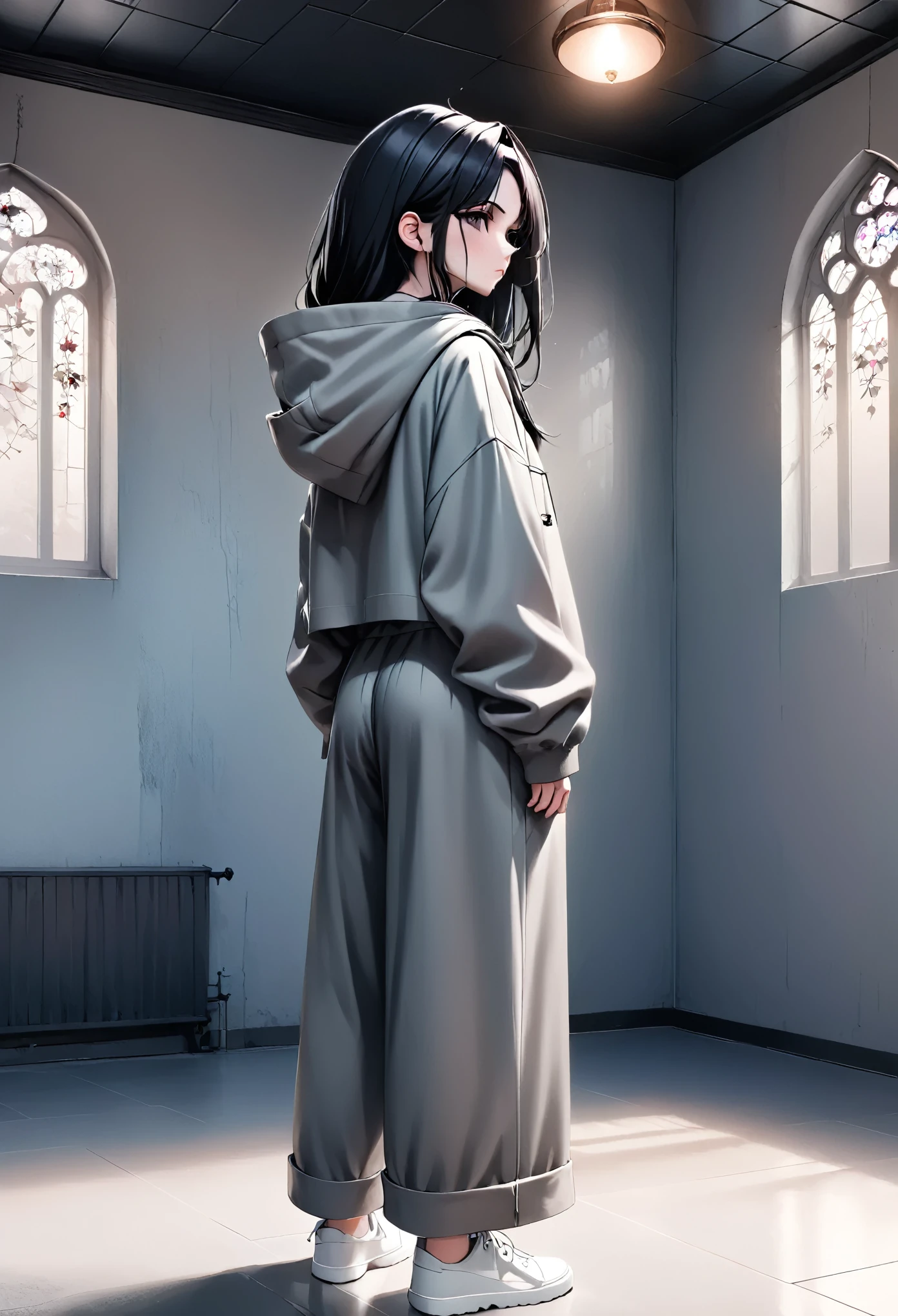 anime girl, pastel,dark gothic style, fashionable woman, oversized gray hooded jacket, matching wide-leg pants, casual and relaxed style, minimalist aesthetic, back view, neutral color palette, loose and comfortable fit, simple and modern, indoor setting, clean background, effortless look, contemporary fashion, monochromatic outfit, focus on texture and fabric, understated elegance, casual chic