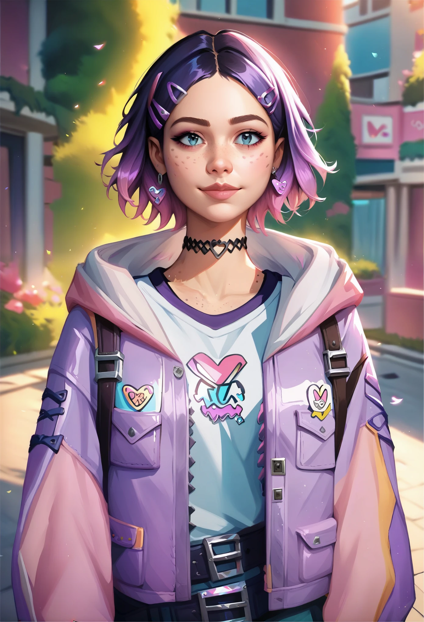 a woman with purple hair and a purple jacket stands in front of a house, official character art, heartstone original art style, portrait knights of zodiac girl, artwork in the style of guweiz, urban girl fanart, marin kitagawa fanart, official fanart, official art, kawaii realistic portrait, lofi portrait, character profile art, detailed fanart, detailed character art, A digitally illustrated character with short, stylized black and pink hair, adorned with colorful hair clips. They wear a vibrant, oversized jacket with a gradient of purple and teal, featuring heart-shaped designs, over a white shirt. The character has a friendly smile, light freckles, and a choker necklace. They stand outdoors, surrounded by green foliage and soft sunlight, conveying a cheerful and confident demeanor.