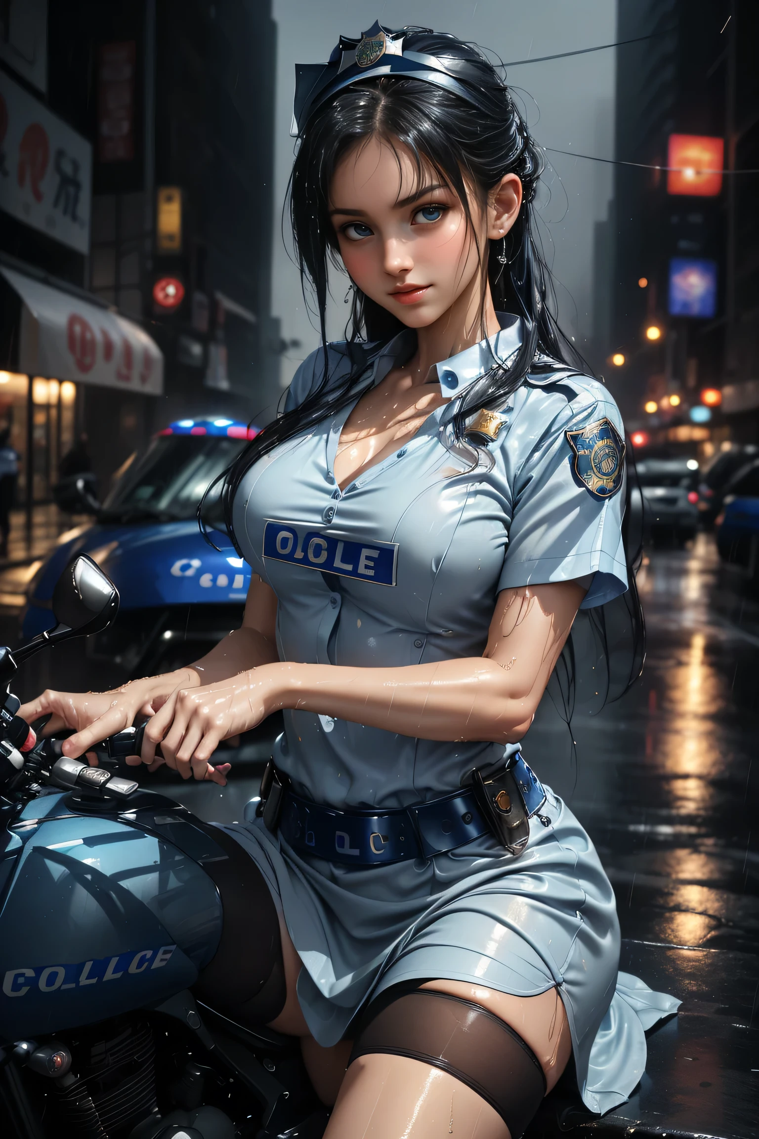 (( girl riding a motorcycle through the streets of New York))、(RAW shooting、 Photorealistic :1.5、8k、Best Quality、masterpiece、 Ultra High Definition )、 Perfect Dynamic Composition :1.2、Night Street Corner,((Heavy rain due to typhoon )),  very detailedな肌と顔のテクスチャ:1.2, ((雨にwetslimな女性:1.3)),  sexy beauty ,  perfect style:1.2, Aesthetic and beautiful ,  white skin,  very beautiful face, (Rain dripping all over my body:1. 2, wet髪:1.4, wet:1. 2)、Water drops on skin、( medium chest、Chest gap)、(Shy laugh、 Expression When Feeling Intense Caress 、 Expression When Feeling Pleasure )、(Beautiful blue eyes、 Beautiful Erotic Eyes :0.8)、(Too erotic:0.9、charm's:0. 9）、 (( female cop :1.5)),(( Light Blue Short Sleeve Dress Shirt )),(( Navy Blue Tight Skirts )). 40k, photograph, On the table, Best Quality, Rain Background, (( 1 girl with bright hair with beautiful eyes ,  white skin, Mr.々A pose.((Medium sized chest,:1.1)), Best Quality, On the table,  Ultra High Definition , ( real:1.4), RAW photograph, (Perfect figure), (slim:1. 3), Slim abdomen,  perfect slim figure ,  dynamic pose , one person, Cold light 12000K,   very detailed face and skin texture, fine grain,  Realistic eyes, 美しいFine grain, ( Real skin), charm,  Ultra High Definition ,  Surreal,  very detailed, ( Black stockings )、Second bag、 Perfect Body 、 Perfect Fingertips ,((girl on a motorcycle ))、Best Quality Works、Live-action film、 Ultra Premium Graphics 、8K HD CG Works、 High Quality Graphics 、High-definition CG works、10x pixels、ultra fine details ：1. 1、Advanced technical details：1.1、photo real、(erect nipples),Natural Light：1.5。Light Effects（ Virtual Light Effects：1.8）、（Golden white short hair（RAW shooting、 Photorealistic ：1.5、8k、 French Kissing 、