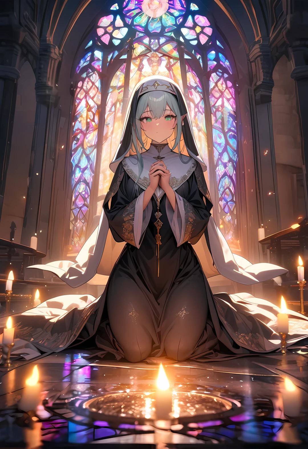 (((Best quality, 8k, Masterpiece: 1.3)), ((best quality)), ((masterpiece)), (detailed), perfect face, perfect body, (detailed skin:1.3), (intricate details), An elven woman with delicate, pointed ears and a radiant aura, dressed in a flowing, nun-like robe, kneels before a grand altar in an ancient stone church. Her robe is adorned with subtle, silver embroidery that shimmers in the candlelight. She clasps a rosary in her hands, her expression one of deep reverence as she gazes upward, eyes filled with serene devotion. Soft light filters through tall stained glass windows depicting sacred symbols, casting colorful reflections across the church’s stone floor. The atmosphere is solemn and mystical, filled with a quiet sense of spirituality