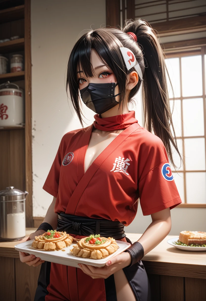 Best Quality、 Perfect Anatomy、 is very aesthetically pleasing、 absurd、 complicated details、 SUPER DETAILED ILLUSTRATION,break kunoichi ,Ninja Mask,Ninja Food,ninja kote,break cowboy shot,break 18yo,young girl, black hair ponytail、 red mesh、Mid-chest、break 