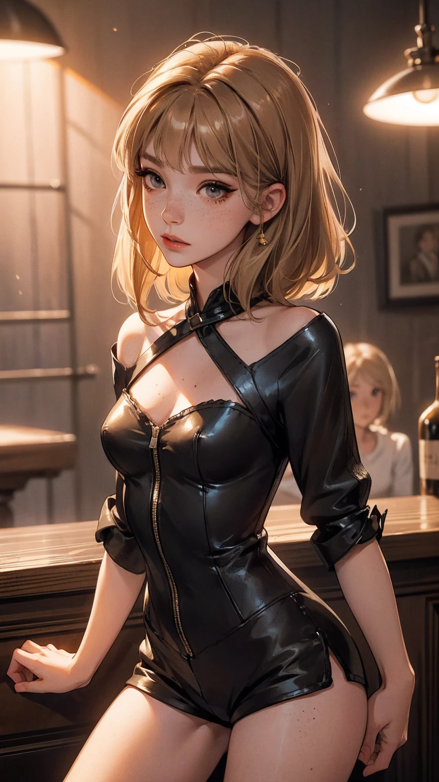 （lifelike， high - resolution：1.3）， 1 girl with a perfect body，slender body, Suprenme face and eyes， blaire ivory, lena anderson, (dark eyelashes, eyeliner), shoulder length  hair, freckles, golden brown  hair with dark roots, shoulder length hair, skinny, petite, saloon girl, saloon bartender, long torso, abdomen, torn pantyhose under short shorts, brown hair