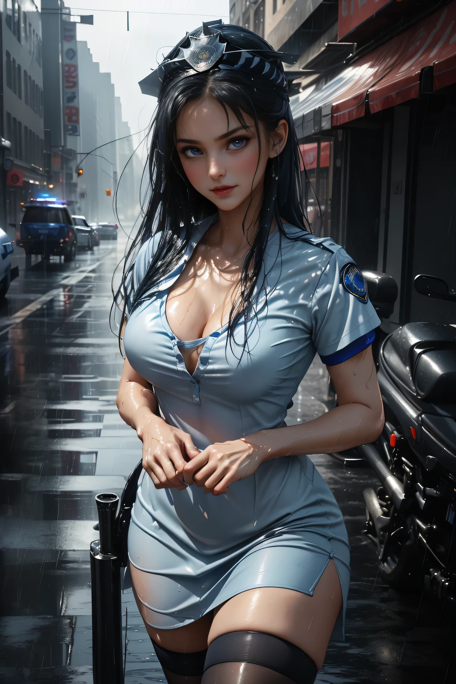 (( girl riding a motorcycle through the streets of New York))、(RAW shooting、 Photorealistic :1.5、8k、Best Quality、masterpiece、 Ultra High Definition )、 Perfect Dynamic Composition :1.2、Night Street Corner,((Heavy rain due to typhoon )), very detailedな肌と顔のテクスチャ:1.2, ((雨にwetslimな女性:1.3)), sexy beauty , perfect style:1.2, Aesthetic and beautiful , white skin, very beautiful face, (Rain dripping all over my body:1. 2, wet髪:1.4, wet:1. 2)、Water drops on skin、( medium chest、Chest gap)、(Shy laugh、 Expression When Feeling Intense Caress 、 Expression When Feeling Pleasure )、(Beautiful blue eyes、 Beautiful Erotic Eyes :0.8)、(Too erotic:0.9、charm's:0. 9)、 (( female cop :1.5)),(( Light Blue Short Sleeve Dress Shirt )),(( Navy Blue Tight Skirts )). 40k, photograph, On the table, Best Quality, Rain Background, (( 1 girl with bright hair with beautiful eyes , white skin, Mr.々A pose.((Medium sized chest,:1.1)), Best Quality, On the table, Ultra High Definition , ( real:1.4), RAW photograph, (Perfect figure), (slim:1. 3), Slim abdomen, perfect slim figure , dynamic pose , one person, Cold light 12000K, very detailed face and skin texture, fine grain, Realistic eyes, 美しいFine grain, ( Real skin), charm, Ultra High Definition , Surreal, very detailed, ( Black stockings )、Second bag、 Perfect Body 、 Perfect Fingertips ,((girl on a motorcycle ))、Best Quality Works、Live-action film、 Ultra Premium Graphics 、8K HD CG Works、 High Quality Graphics 、High-definition CG works、10x pixels、ultra fine details :1. 1、Advanced technical details:1.1、photo real、(erect nipples),Natural Light:1.5。Light Effects( Virtual Light Effects:1.8)、(Golden white short hair(RAW shooting、 Photorealistic :1.5、8k、 French Kissing 、