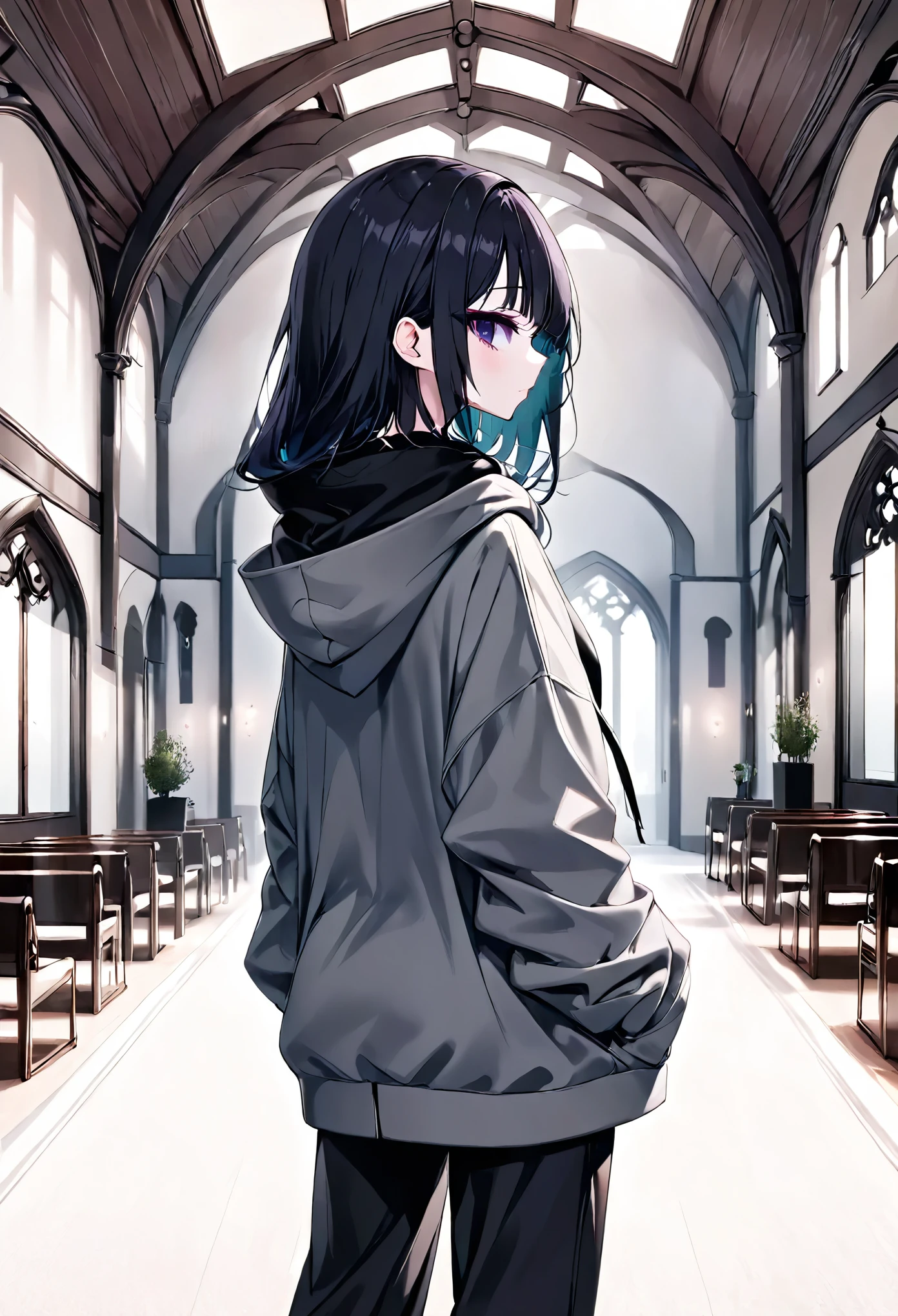 anime girl, pastel,dark gothic style, fashionable woman, oversized gray hooded jacket, matching wide-leg pants, casual and relaxed style, minimalist aesthetic, back view, neutral color palette, loose and comfortable fit, simple and modern, indoor setting, clean background, effortless look, contemporary fashion, monochromatic outfit, focus on texture and fabric, understated elegance, casual chic