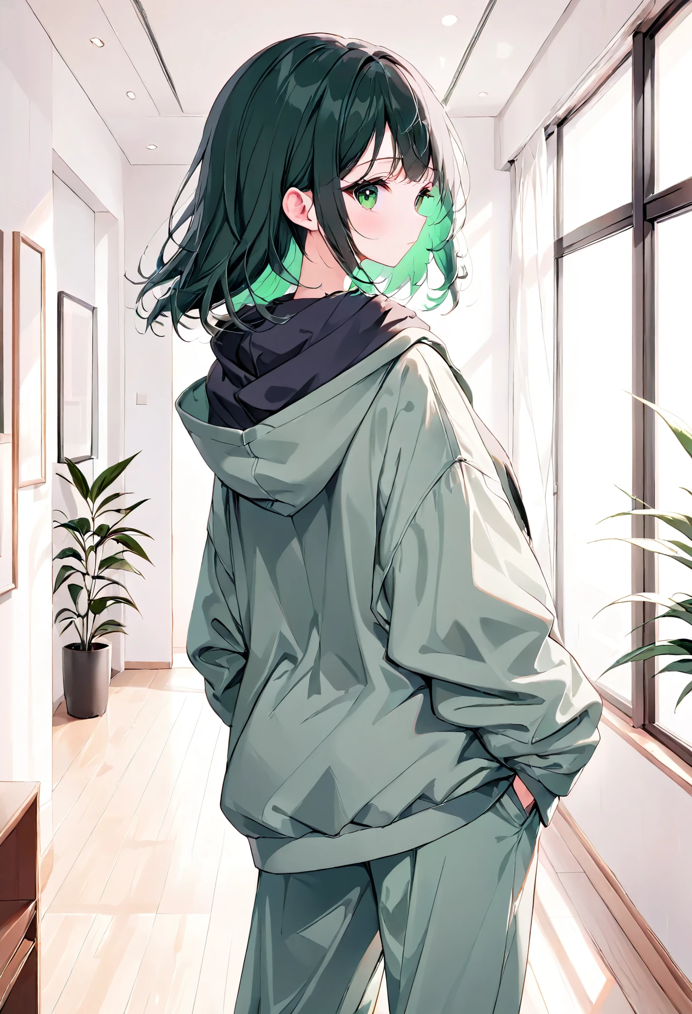 anime girl, pastel,theme color green, fashionable woman, oversized gray hooded jacket, matching wide-leg pants, casual and relaxed style, minimalist aesthetic, back view, neutral color palette, loose and comfortable fit, simple and modern, indoor setting, clean background, effortless look, contemporary fashion, monochromatic outfit, focus on texture and fabric, understated elegance, casual chic