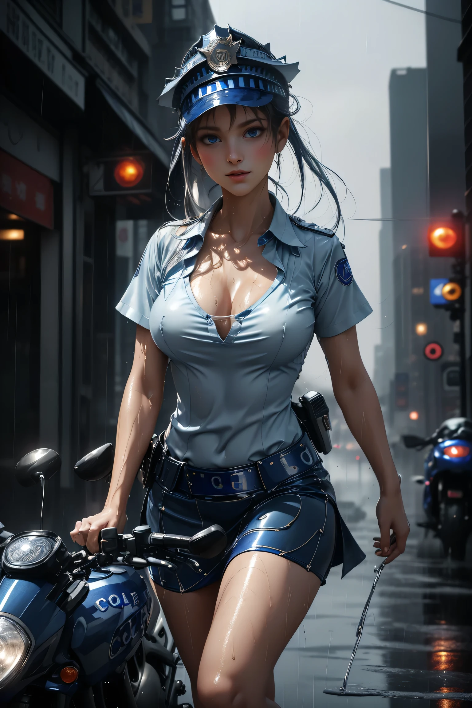 (( girl riding a motorcycle through the streets of New York))、(RAW shooting、 Photorealistic :1.5、8k、Best Quality、masterpiece、 Ultra High Definition )、 Perfect Dynamic Composition :1.2、Night Street Corner,((Heavy rain due to typhoon )),  very detailedな肌と顔のテクスチャ:1.2, ((雨にwetslimな女性:1.3)),  sexy beauty ,  perfect style:1.2, Aesthetic and beautiful ,  white skin,  very beautiful face, (Rain dripping all over my body:1. 2, wet髪:1.4, wet:1. 2)、Water drops on skin、( medium chest、Chest gap)、(Shy laugh、 Expression When Feeling Intense Caress 、 Expression When Feeling Pleasure )、(Beautiful blue eyes、 Beautiful Erotic Eyes :0.8)、(Too erotic:0.9、charm's:0. 9）、 (( female cop :1.5)),(( Light Blue Short Sleeve Dress Shirt )),(( Navy Blue Tight Skirts )). 40k, photograph, On the table, Best Quality, Rain Background, (( 1 girl with bright hair with beautiful eyes ,  white skin, Mr.々A pose.((Medium sized chest,:1.1)), Best Quality, On the table,  Ultra High Definition , ( real:1.4), RAW photograph, (Perfect figure), (slim:1. 3), Slim abdomen,  perfect slim figure ,  dynamic pose , one person, Cold light 12000K,   very detailed face and skin texture, fine grain,  Realistic eyes, 美しいFine grain, ( Real skin), charm,  Ultra High Definition ,  Surreal,  very detailed, ( Black stockings )、Second bag、 Perfect Body 、 Perfect Fingertips ,((girl on a motorcycle ))、Best Quality Works、Live-action film、 Ultra Premium Graphics 、8K HD CG Works、 High Quality Graphics 、High-definition CG works、10x pixels、ultra fine details ：1. 1、Advanced technical details：1.1、photo real、(erect nipples),Natural Light：1.5。Light Effects（ Virtual Light Effects：1.8）、（Golden white short hair（RAW shooting、 Photorealistic ：1.5、8k、 French Kissing 、