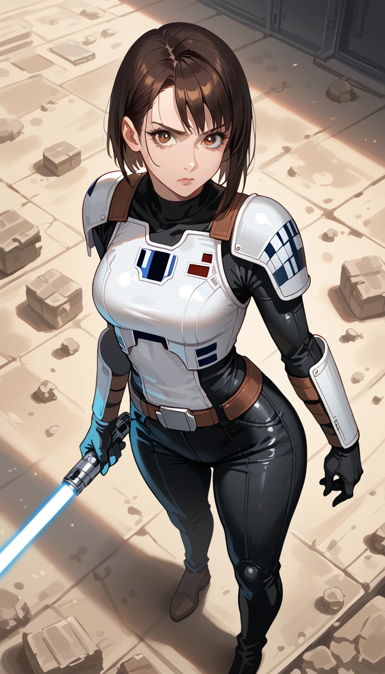 score_9, score_8_above, score_7_above, score_6_above, 2D, Assessment_ questionable , Assessment_ sure, Momo Ayase on the Star Wars theme,short brown hair,  brown eyes, Armadura preta ,black gloves,fair,black cover, tight black pants , Thick Thighs Alone, standing,  front view, medium breasts, wide hips, lightsaber , holding lightsaber , base sith,  science fiction ,
  of the highest quality  , best details 