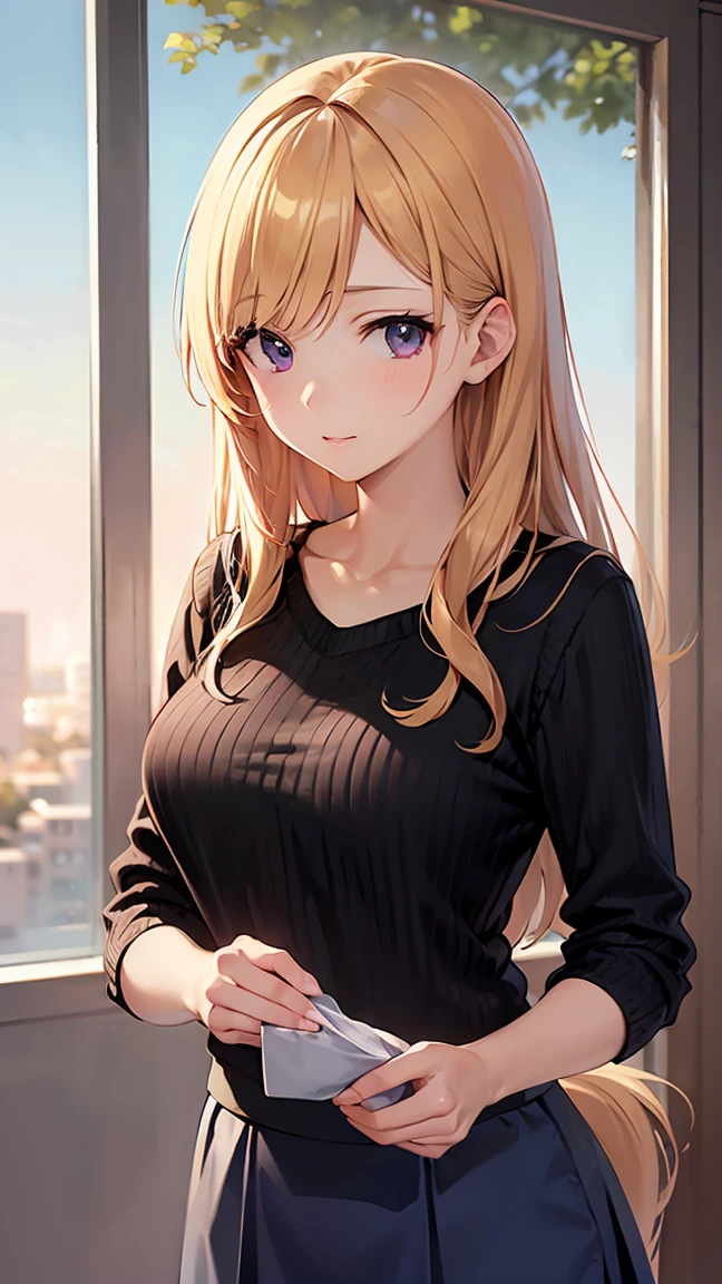 8k high resolution (Super detailed), masterpiece, (Best Quality)　 Anime Illustration 　 detailed eyes on board,  detailed face　 detailed hands　Fine hair　 very elaborate body、 fine skin 　 1 girl　Horse Girl_Karen Chan　(curren chan)　(everyday wear, sweater, skirt)　Horse&#39;s ears　 Ano Jirio　 see here　 attractive figure 　indoor　 bust up with kneeling