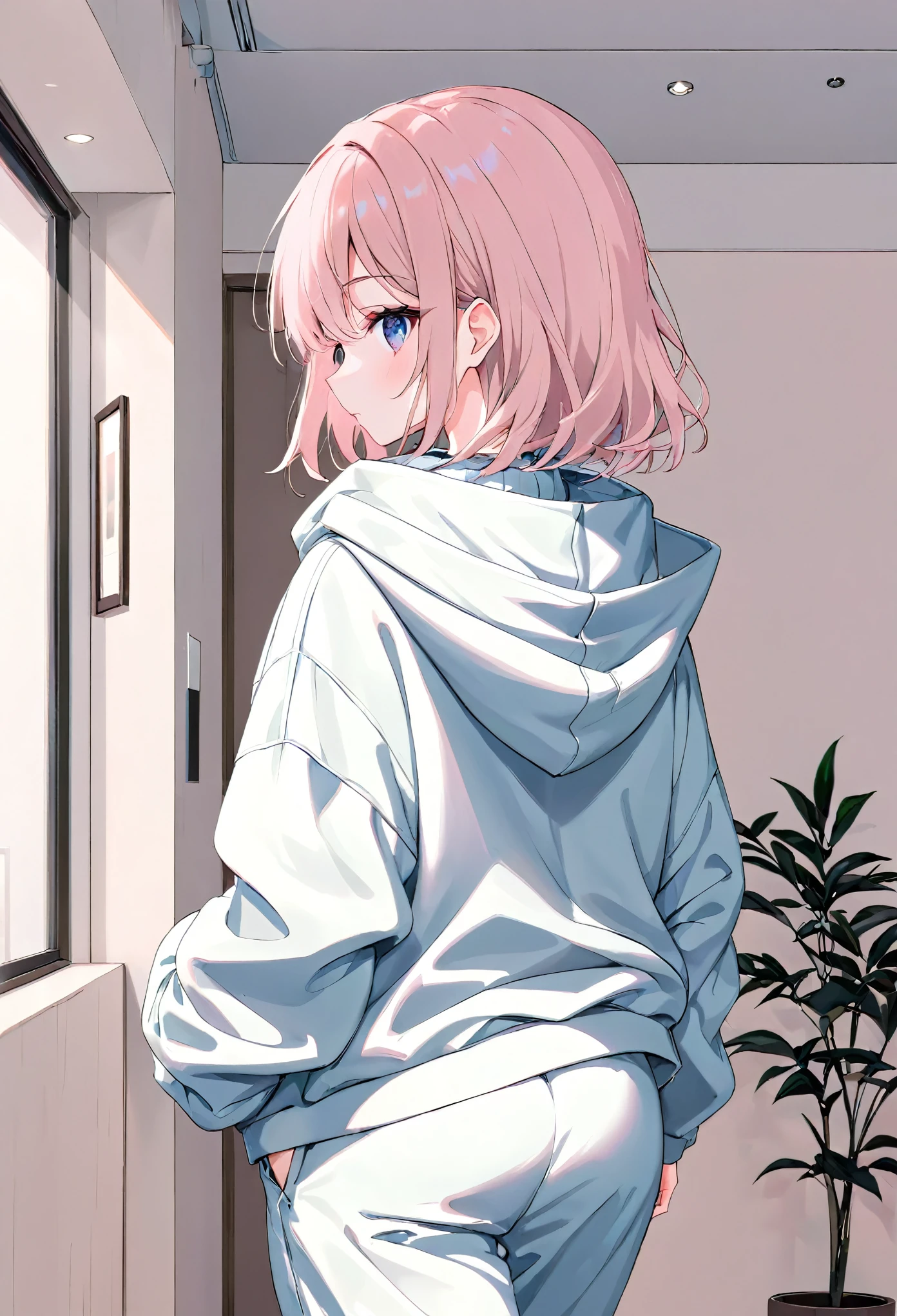 anime girl, pastel,
Low Fidelity (lofi) art style, fashionable woman, oversized gray hooded jacket, matching wide-leg pants, casual and relaxed style, minimalist aesthetic, back view, neutral color palette, loose and comfortable fit, simple and modern, indoor setting, clean background, effortless look, contemporary fashion, monochromatic outfit, focus on texture and fabric, understated elegance, casual chic