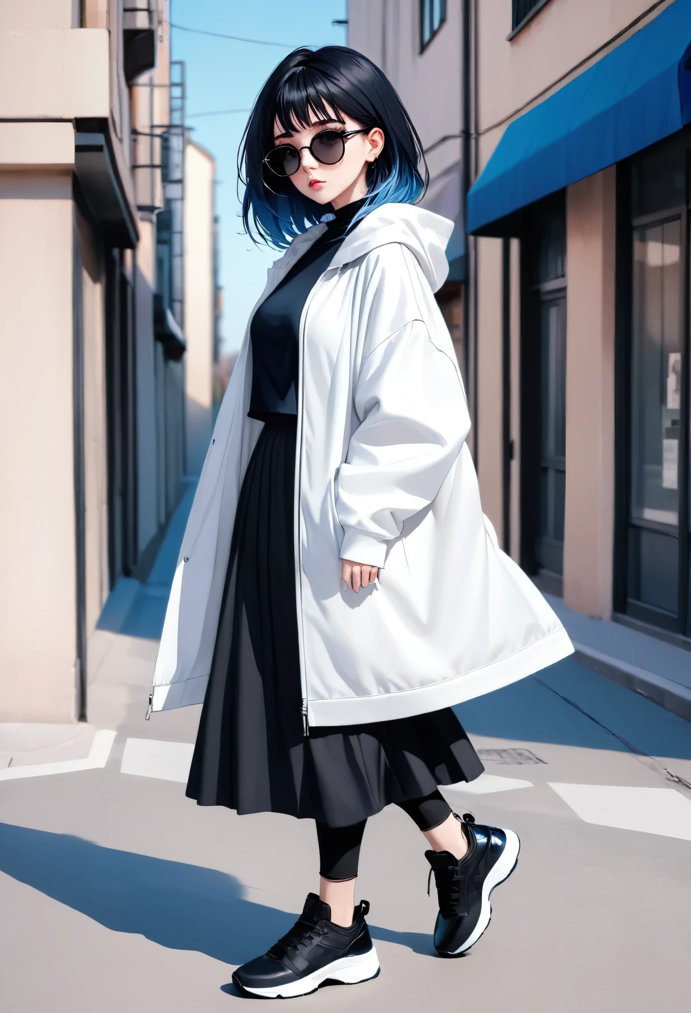 anime girl, pastel,dark gothic style, fashionable woman, white oversized jacket, blue top, black midi skirt, black leggings, black sneakers, black mini handbag, sunglasses, casual street style, minimalist look, relaxed pose, urban fashion, modern chic, outdoor setting, contrasting colors, effortless style, casual and comfortable, trendy layering, clean and polished