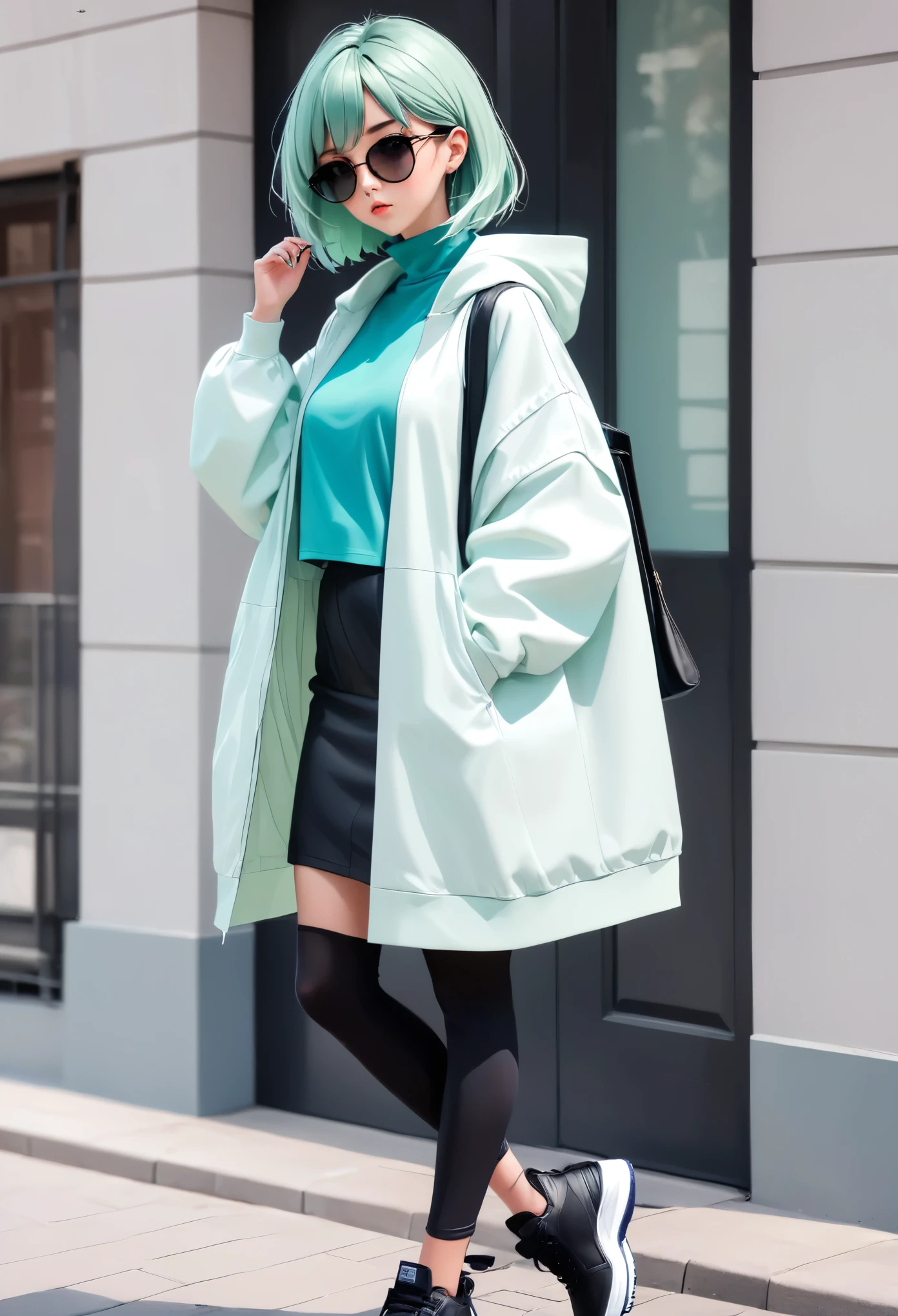 anime girl, pastel,theme color green, fashionable woman, white oversized jacket, blue top, black midi skirt, black leggings, black sneakers, black mini handbag, sunglasses, casual street style, minimalist look, relaxed pose, urban fashion, modern chic, outdoor setting, contrasting colors, effortless style, casual and comfortable, trendy layering, clean and polished