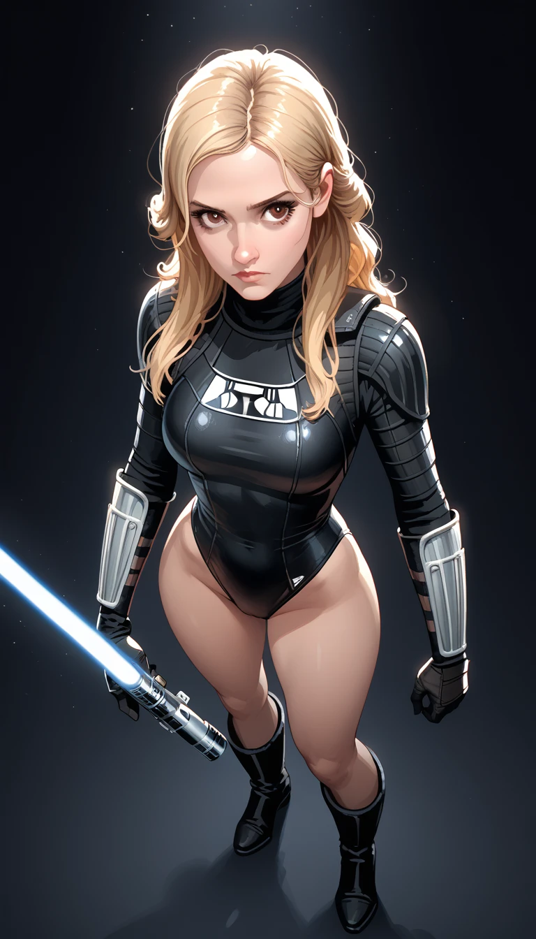 score_9, score_8_above, score_7_above, score_6_above, 2D, Assessment_ questionable , Assessment_ sure, blonde linda, American blonde, on the Star Wars theme ,long hair, ,  brown eyes, Armadura preta ,black gloves,((tight black swimsuit ))), LONG BLACK BOOTS,  Thick Thighs Alone, standing,  front view, medium breasts, wide hips, lightsaber , holding lightsaber , base sith,  science fiction , dark background,
