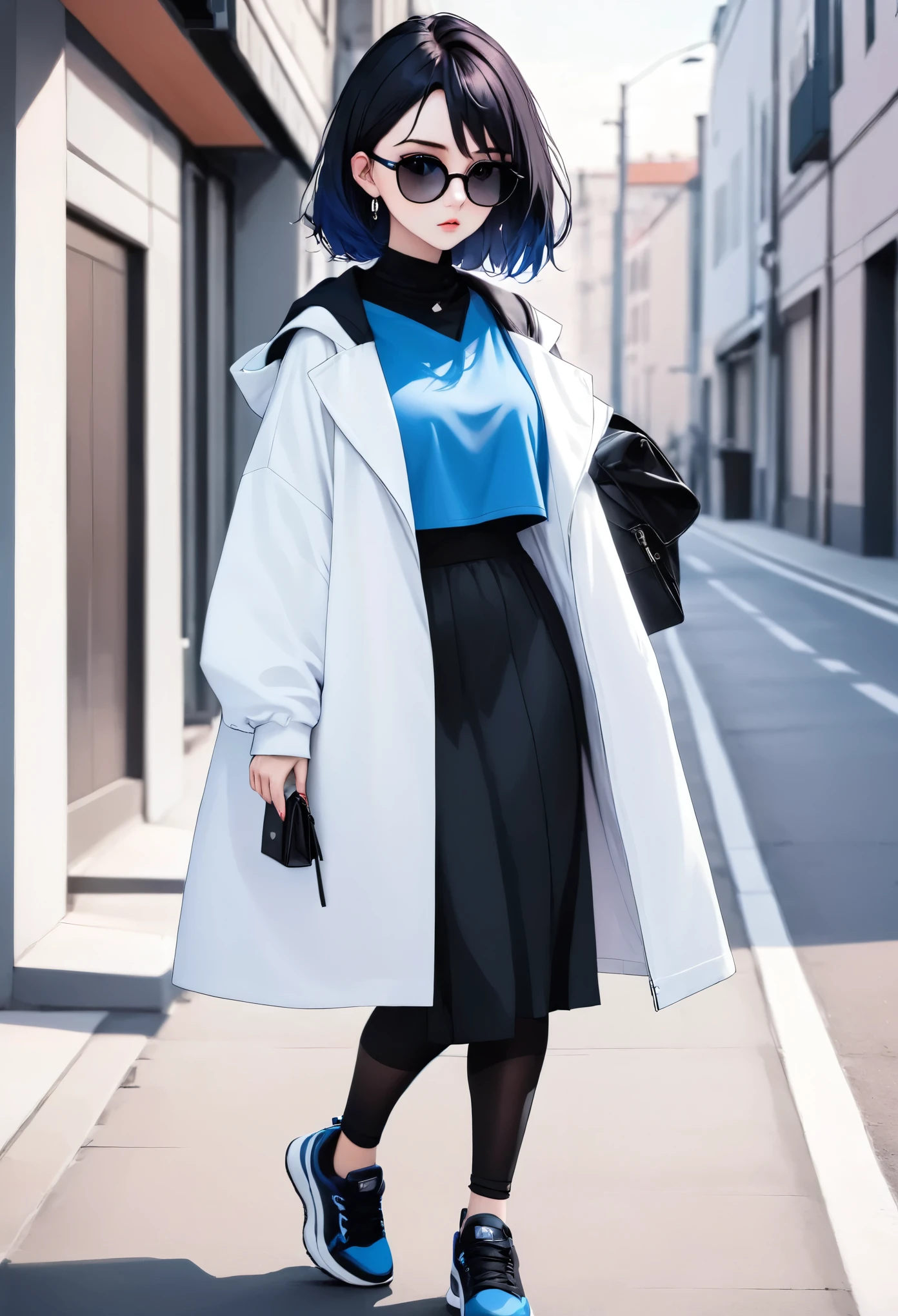 anime girl, pastel,dark gothic style, fashionable woman, white oversized jacket, blue top, black midi skirt, black leggings, black sneakers, black mini handbag, sunglasses, casual street style, minimalist look, relaxed pose, urban fashion, modern chic, outdoor setting, contrasting colors, effortless style, casual and comfortable, trendy layering, clean and polished