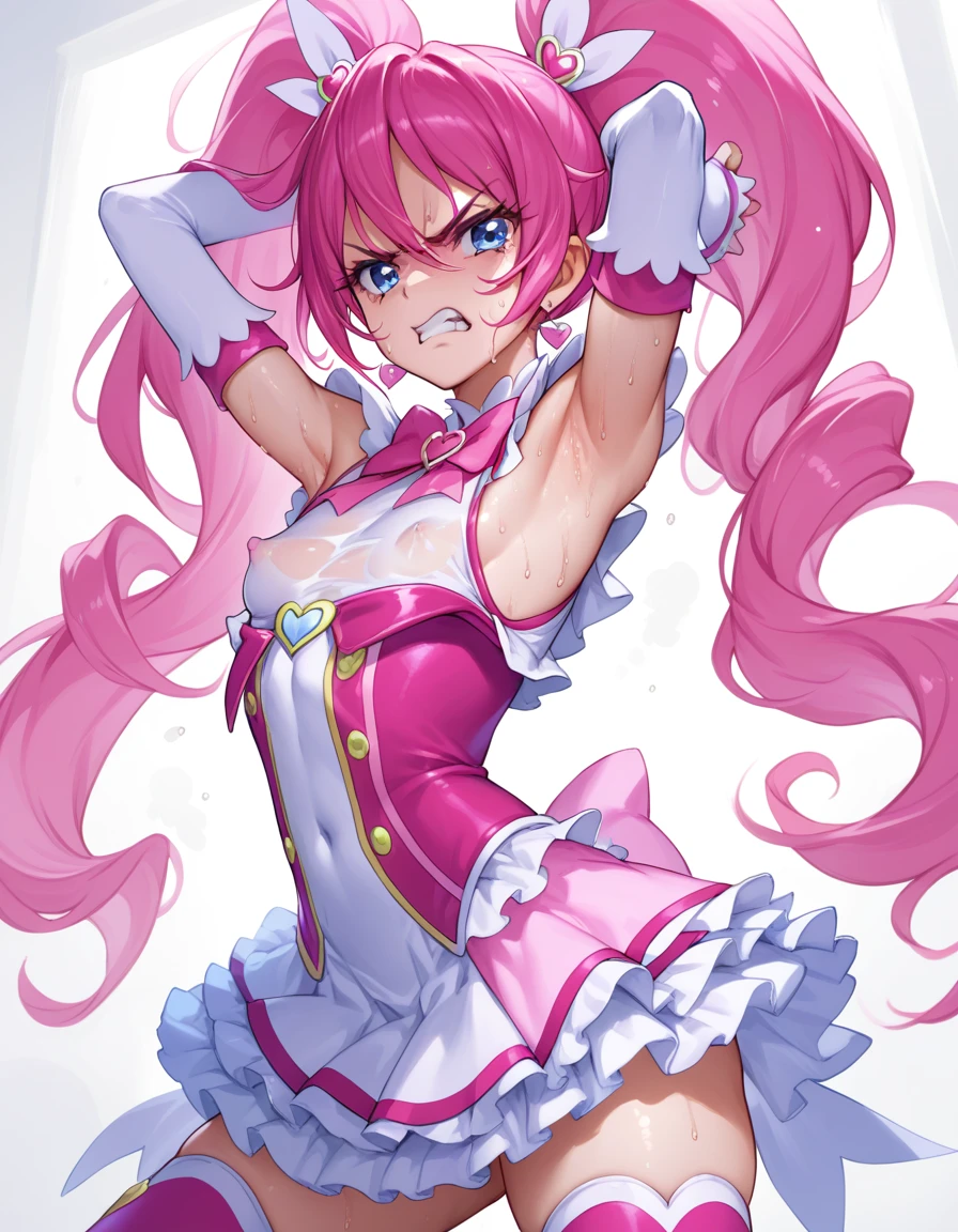 Cure melody,pink hair,twintails,armpit,sweating,angry,erect nipple,thighhighs