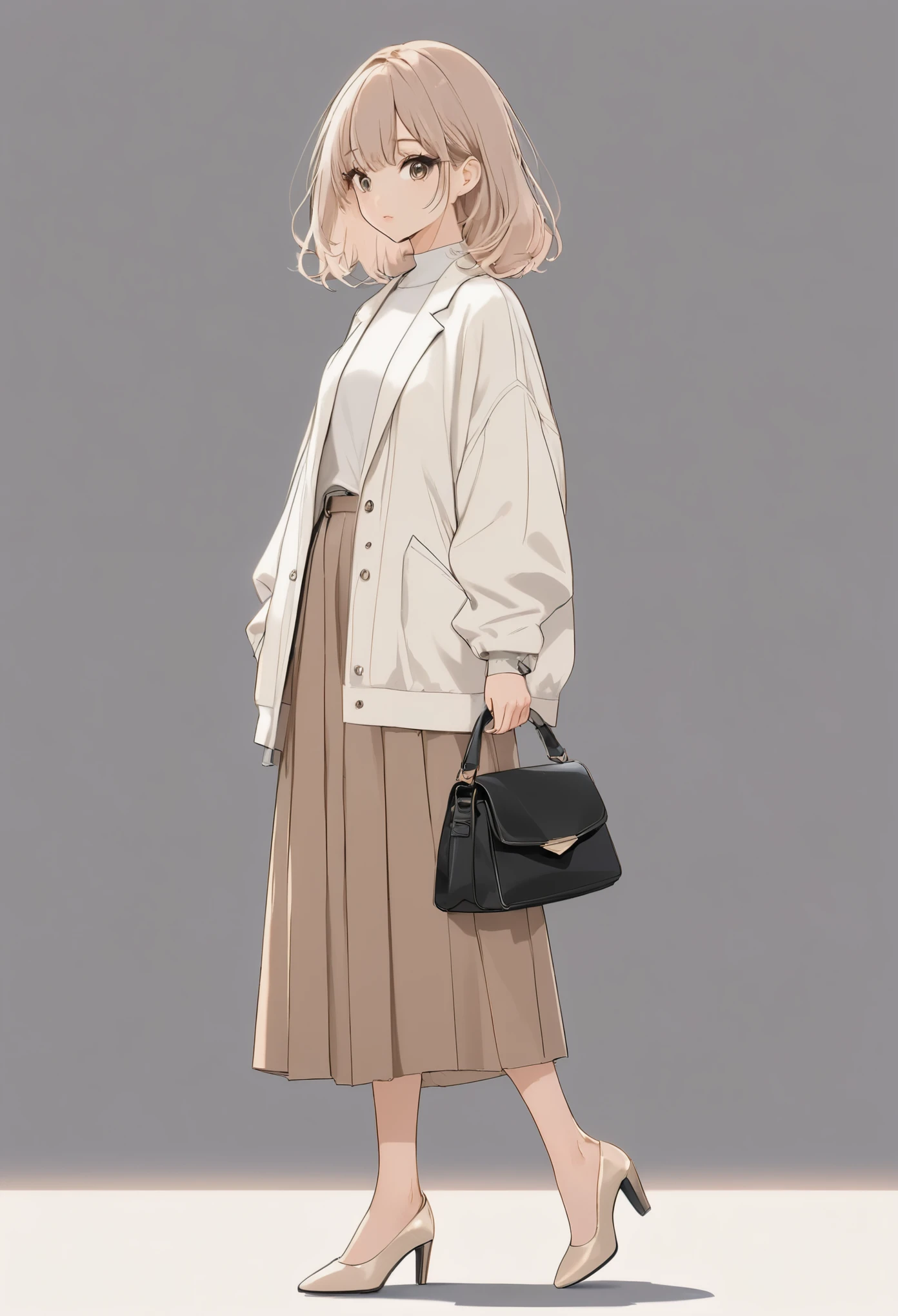 anime girl, pastel, Low Fidelity (lofi) art style, fashionable woman, white oversized jacket, brown midi skirt, beige pointed heels, black crossbody bag, minimalist background, relaxed pose, chic and modern style, neutral color palette, effortless elegance, casual yet polished, contemporary fashion, soft lighting, stylish layering, clean and sophisticated look, everyday outfit, urban chic, simple and refined