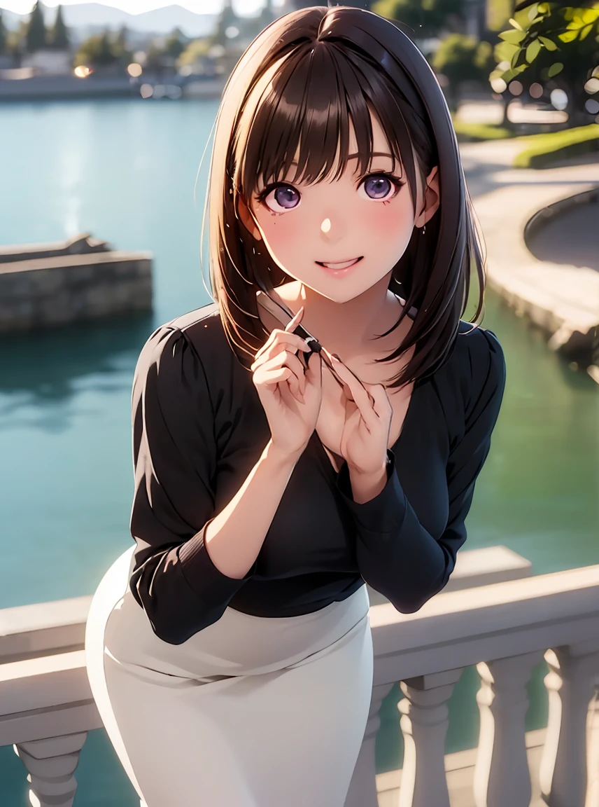   high resolution on down ,In 8K, best quality, Details,Semi-realistic anime, D Anime Style , Smooth Animated CG , one girl playing pranks, 19-year-old Japanese woman,slim,modeling,((Sparkling Eyes)),(( medium hair )),(Maroon Glowing Hair ), Pink Lips, Shiny brown hair, Detailsな顔,Beautiful and  Details,,((深い青紫色のSparkling Eyes)),(Shut your mouth.),(Laughter),((Black long sleevesロングカーディガン)),(((Black long sleeves))),(( light cream pencil skirt)),(Sit on the seawall in the harbor ),((Wharf)),((slimな身体)),( look at the camera),((Put your hands on the balustrade )),(( hold the crepes deliciously ))