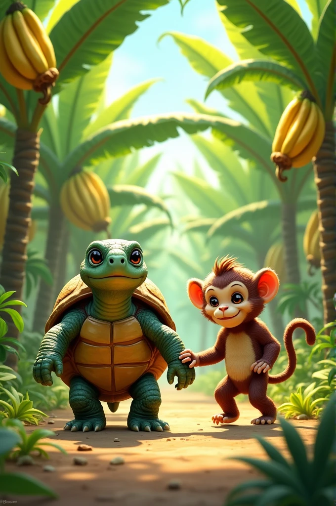 Turtle Monky Make a portrait of a turtle and a monkey walking in a banana plantation ...