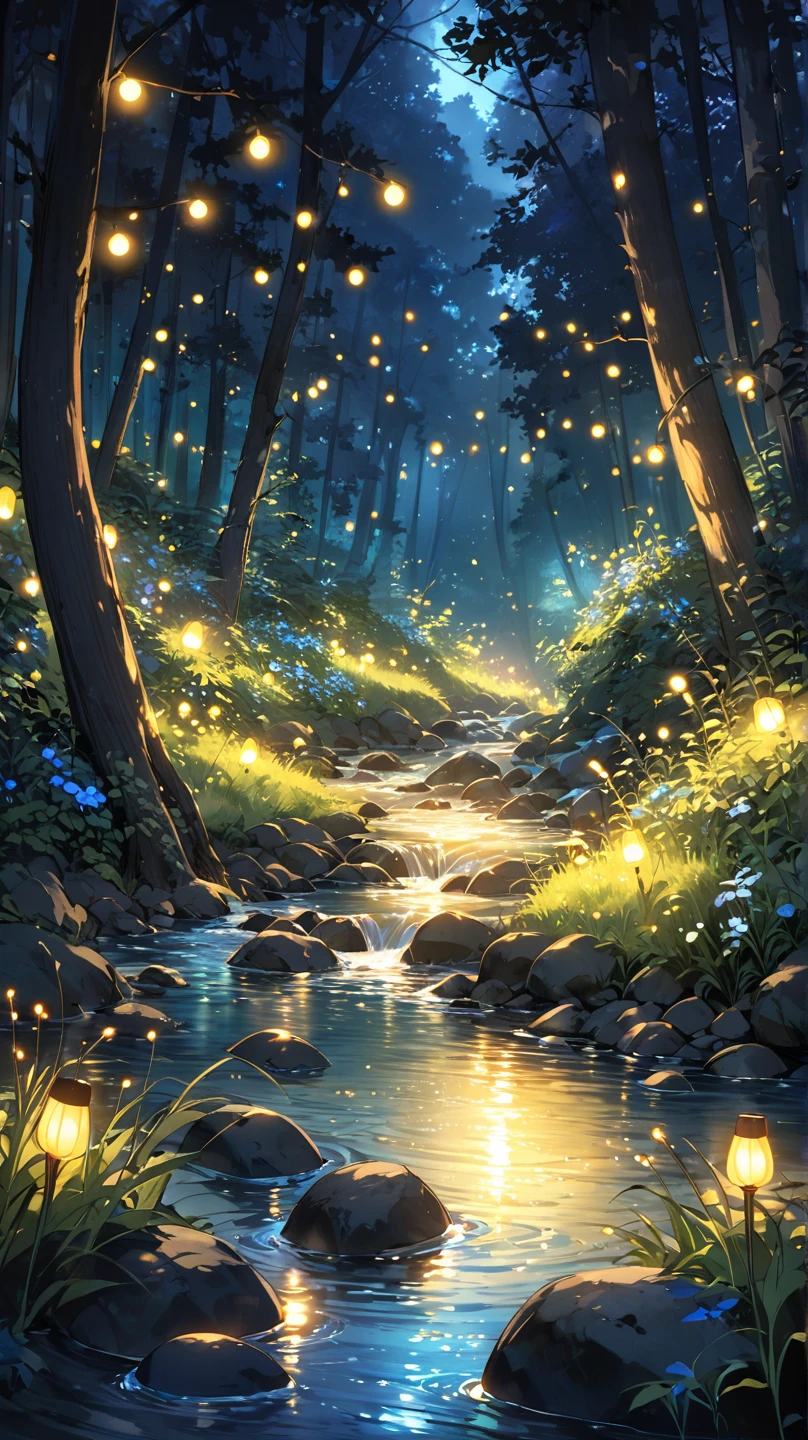 A beautiful stream flowing through the forest at night and the overflowing light of fireflies