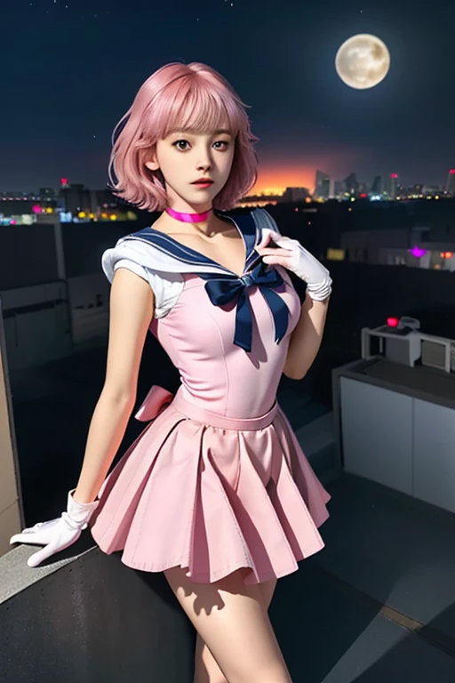 (8k, top-quality, masterpiece:1,2), ( realistic,  Photorealistic :1.37), Super detailed,  one girl playing pranks,), ( Very Detailed), ( beautifully detailed eyes), (Best quality), (Super detailed ), (masterpiece), (  detail face  ),Age 15, , 1 girl, full body, Pink Hair,Very short hair,  medium chest, Dressed,  full light,  beautifully detailed eyes  ,  watching viewers ,  excited face , Mischievous face,  Sailor Warrior Uniform ,  Pink Skirt,  evening dress ,  tiara ,  pink sailor color ,  red ribbon, Pink choker,  white gloves,  jewellery, Brush,  skirt flip,  is standing,  white leotards in ballet class,, Gorgeous fabric, Leather texture, Of dramatic lighting, atmosphere,  faces with a depth of writing , comic style, 水彩画wind, Floating Hair, wind, wind lift, Night Sky, full moon, On the roof,Shen


