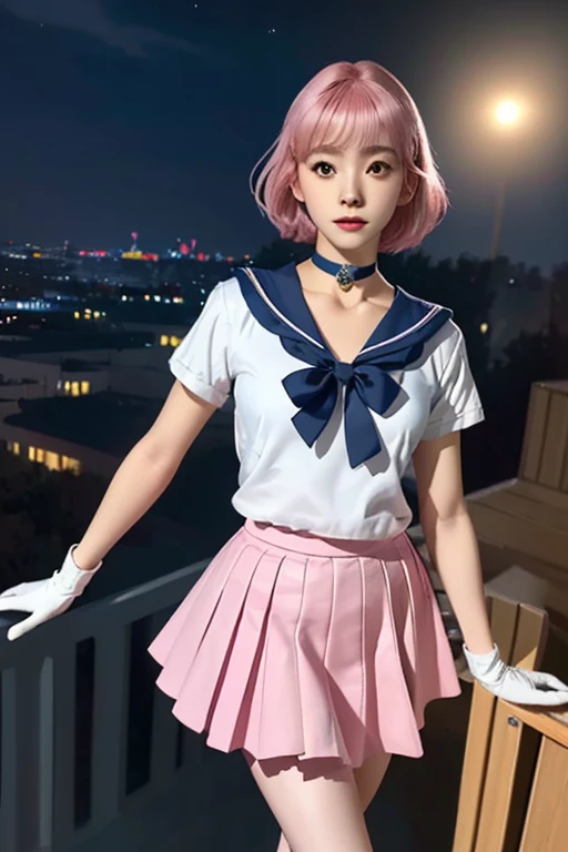 (8k, top-quality, masterpiece:1,2), ( realistic,  Photorealistic :1.37), Super detailed,  one girl playing pranks,), ( Very Detailed), ( beautifully detailed eyes), (Best quality), (Super detailed ), (masterpiece), (  detail face  ),, , 1 girl, full body, Pink Hair,Very short hair,  medium chest, Dressed,  full light,  beautifully detailed eyes  ,  watching viewers ,  excited face , Mischievous face,  Sailor Warrior Uniform ,  Pink Skirt,  evening dress ,  tiara ,  pink sailor color ,  red ribbon, Pink choker,  white gloves,  jewellery, Brush,  skirt flip,  is standing,  white leotards in ballet class,, Gorgeous fabric, Leather texture, Of dramatic lighting, atmosphere,  faces with a depth of writing , comic style, 水彩画wind, Floating Hair, wind, wind lift, Night Sky, full moon, On the roof,Shen


