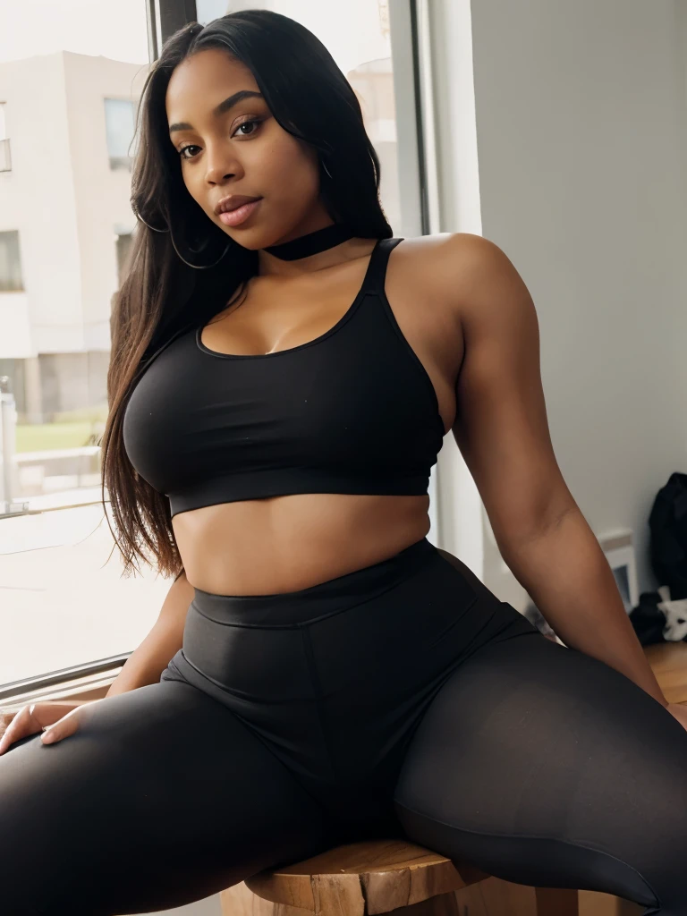Mixed black ethnicity, curvy girl, long straight hair, yoga pose, yoga clothes, sexy pose, revealing curves, cameltoe