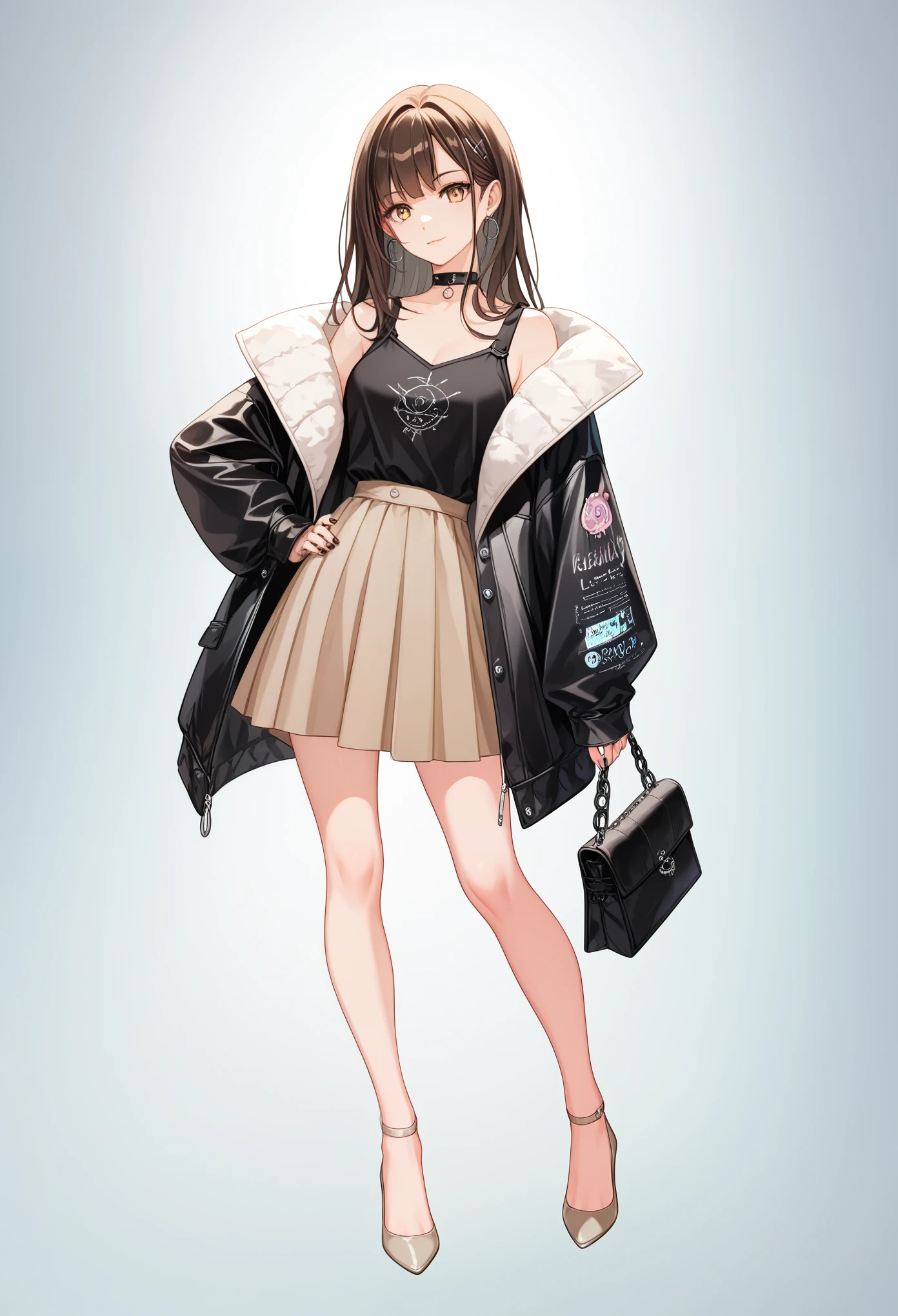 anime girl, pastel,dark gothic style, fashionable woman, white oversized jacket, brown midi skirt, beige pointed heels, black crossbody bag, minimalist background, relaxed pose, chic and modern style, neutral color palette, effortless elegance, casual yet polished, contemporary fashion, soft lighting, stylish layering, clean and sophisticated look, everyday outfit, urban chic, simple and refined