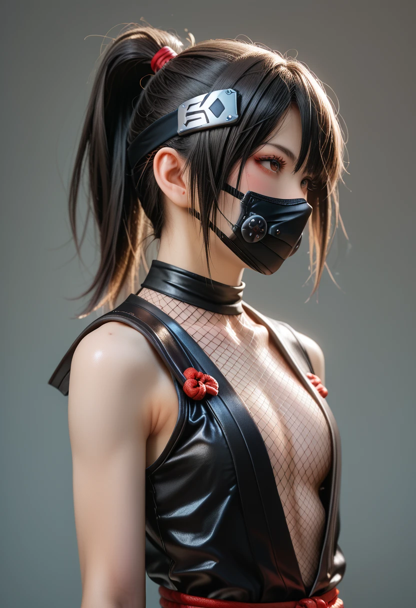 Best Quality、 Perfect Anatomy、 is very aesthetically pleasing、 absurd、 complicated details、 SUPER DETAILED ILLUSTRATION,break kunoichi ,Ninja Mask,Ninja head , ninja suit,break cowboy shot,break 18yo,young girl, black hair ponytail、 red mesh、Mid-chest、break 