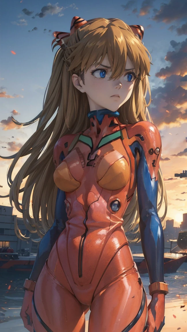  one woman,  Shikinami Asuka Langley, ( Shekinamia Scarangley :1.2), Long Hair, bangs,  blue eyes, Brown Hair,  hair ornament, break bodysuit,  Pilot Suit , Plug Suit, ( red bodysuit :1.5), break outdoors, city, null, cloud, sun, break looking at viewer, ( cowboy shot :1.5), break (masterpiece:1.2),  best quality,  high resolution on down,  unity 8k Wallpaper  , (Illustration:0.8), (  Beautiful Details Eyes:1.6),  highly detailed face, perfect lighting,  extremely detailed CG , (Perfect hands,  Perfect Anatomy),