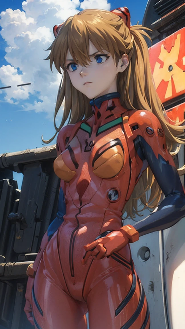  one woman,  Shikinami Asuka Langley, ( Shekinamia Scarangley :1.2), Long Hair, bangs,  blue eyes, Brown Hair,  hair ornament, break bodysuit,  Pilot Suit , Plug Suit, ( red bodysuit :1.5), break outdoors, city, null, cloud, sun, break looking at viewer, ( cowboy shot :1.5), break (masterpiece:1.2),  best quality,  high resolution on down,  unity 8k Wallpaper  , (Illustration:0.8), (  Beautiful Details Eyes:1.6),  highly detailed face, perfect lighting,  extremely detailed CG , (Perfect hands,  Perfect Anatomy),