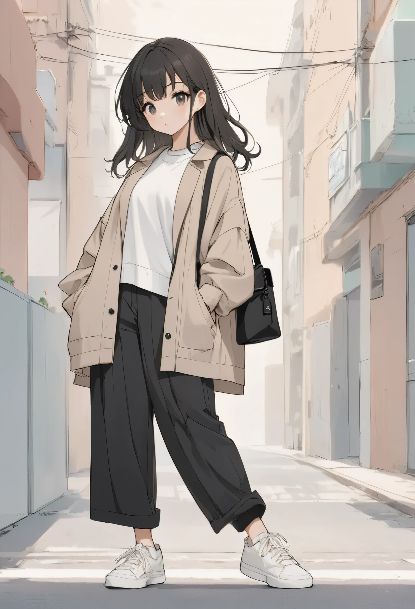 anime girl, pastel, Low Fidelity (lofi) art style, fashionable woman, beige oversized jacket, white t-shirt, black skinny pants, white sneakers, black crossbody bag, minimalist street style, casual and chic, urban fashion, relaxed pose, modern outfit, neutral color palette, clean and simple background, sporty yet elegant, comfortable and stylish, everyday wear, casual layering, practical fashion, effortless look