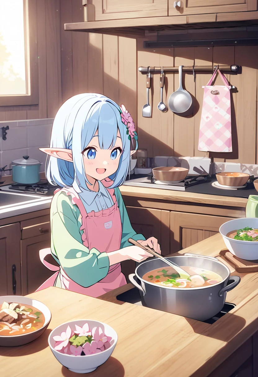 Silver Haired Elf、Naked Apron、kitchen、piece、cooking、Smiling face