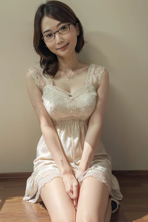 ((Best Quality)), ((傑Best Quality、masterpiece、High sensitivity、 high resolution on down、詳細な描写、 Delicate Facial Description)), Slender woman、Mini dress、Glasses、Crouch down、With a smile、