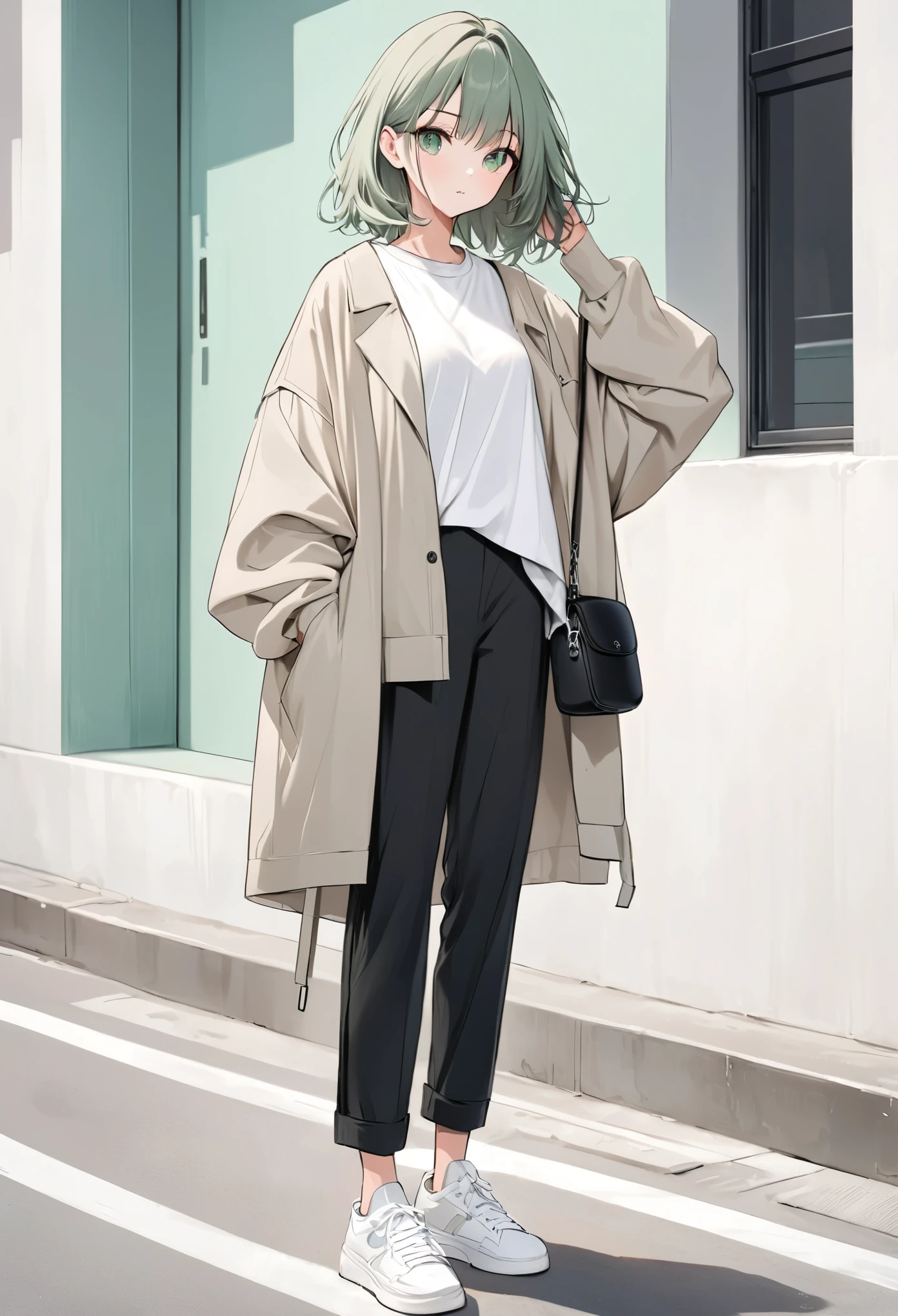 anime girl, pastel,theme color green, fashionable woman, beige oversized jacket, white t-shirt, black skinny pants, white sneakers, black crossbody bag, minimalist street style, casual and chic, urban fashion, relaxed pose, modern outfit, neutral color palette, clean and simple background, sporty yet elegant, comfortable and stylish, everyday wear, casual layering, practical fashion, effortless look