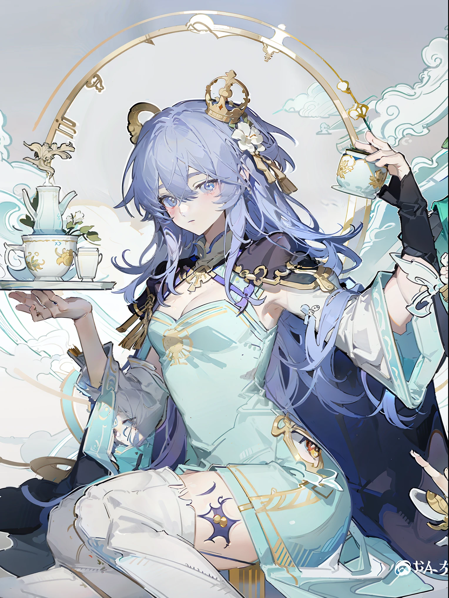 Photo of a woman in a dance dress and cape,The scepter in hand,Crown on the head,Alphonse Mucha and rossdraws style,Yang Jian,Inspired by Feng Huazhong,Full color illustrations,Beautiful fantasy queen,(Image surrounded by a tarot-style border:1.5), Inspired by Lan Ying,From Shenzhou,Beautiful art illustration,From Qu Leilei、Yan Hui 、Zeng Jing、Lu Guang