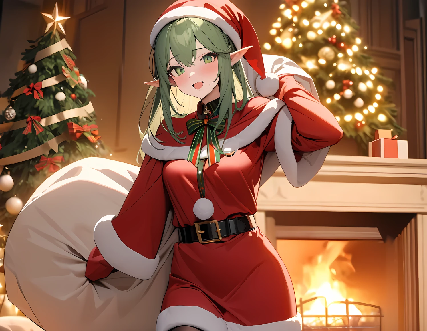 (((Best quality, 8k, Masterpiece: 1.3)), ((best quality)), ((masterpiece)), (detailed), perfect face, perfect body, (detailed skin:1.3), (intricate details), A cheerful elven woman dressed in a Santa Claus-inspired outfit stands in a cozy, festive room. She has pointed ears that peek out from under a red Santa hat with a fluffy white trim. Her outfit is a fitted red coat with white fur edges, a black belt, and tall boots, giving her a playful yet elegant holiday look. She holds a large sack of gifts over her shoulder, her expression warm and joyful. The background features a decorated Christmas tree, glowing string lights, and stockings hung by a fireplace, creating a warm, festive atmosphere filled with holiday cheer.