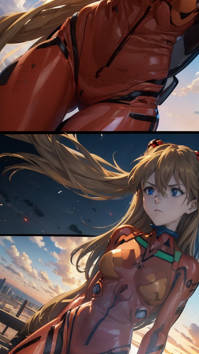  one woman,  Shikinami Asuka Langley, ( Shekinamia Scarangley :1.2), Long Hair, bangs,  blue eyes, Brown Hair,  hair ornament, break bodysuit,  Pilot Suit , Plug Suit, ( red bodysuit :1.5), break outdoors, city, null, cloud, sun, break looking at viewer, ( cowboy shot :1.5), break (masterpiece:1.2),  best quality,  high resolution on down,  unity 8k Wallpaper  , (Illustration:0.8), (  Beautiful Details Eyes:1.6),  highly detailed face, perfect lighting,  extremely detailed CG , (Perfect hands,  Perfect Anatomy),