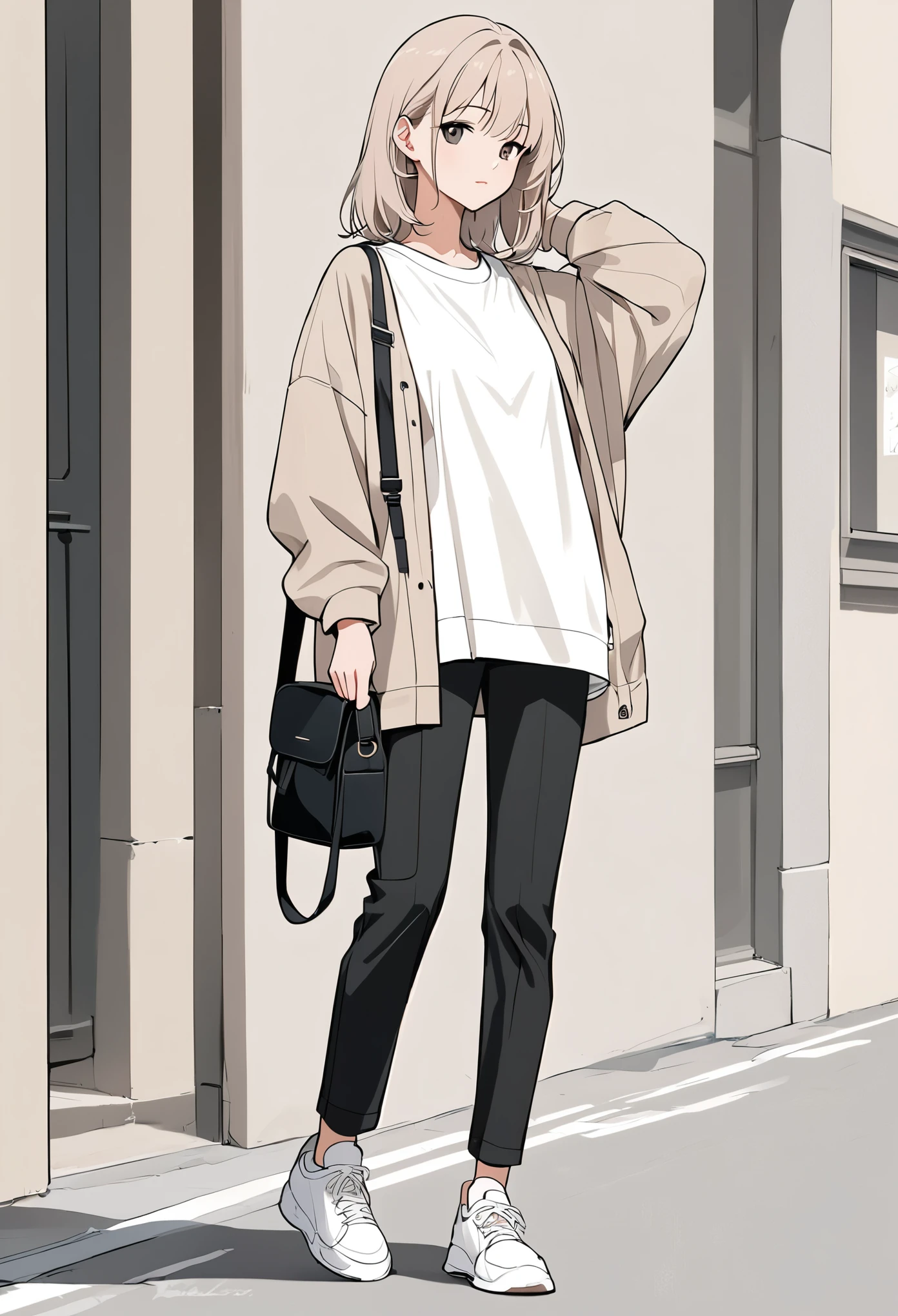 anime girl, pastel,
Low Fidelity (lofi) art style, fashionable woman, beige oversized jacket, white t-shirt, black skinny pants, white sneakers, black crossbody bag, minimalist street style, casual and chic, urban fashion, relaxed pose, modern outfit, neutral color palette, clean and simple background, sporty yet elegant, comfortable and stylish, everyday wear, casual layering, practical fashion, effortless look