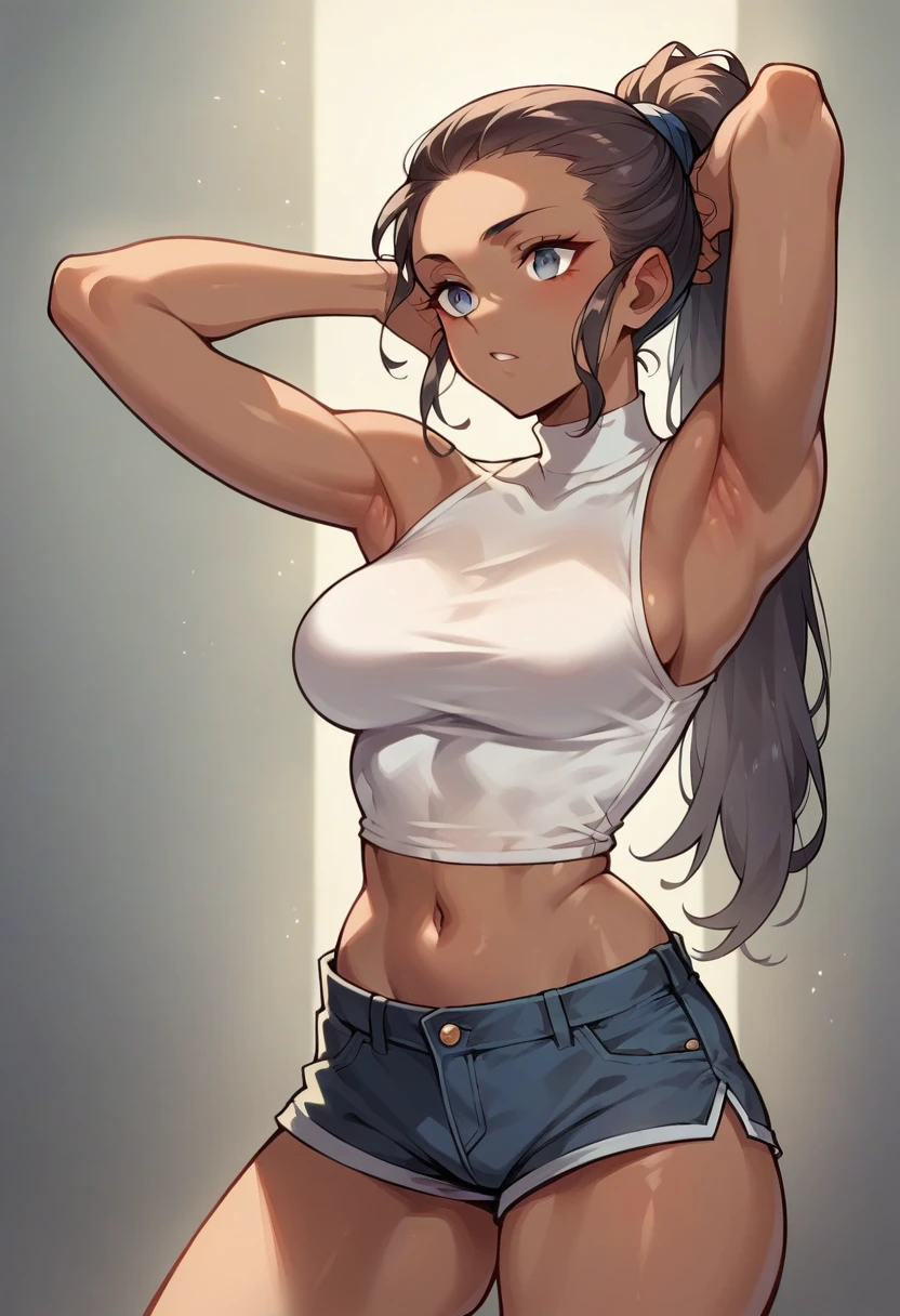  A woman with a dark complexion  , dark skin,  long straight hair style ponytail hairstyle,  sleeveless shirt her arms bare ,  her breasts are huge neckline she wears short shorts ,  shirt reaches her navel you can see her navel ,  fortified legs High resolution ,  masterpiece , HD model, arms up armpits  