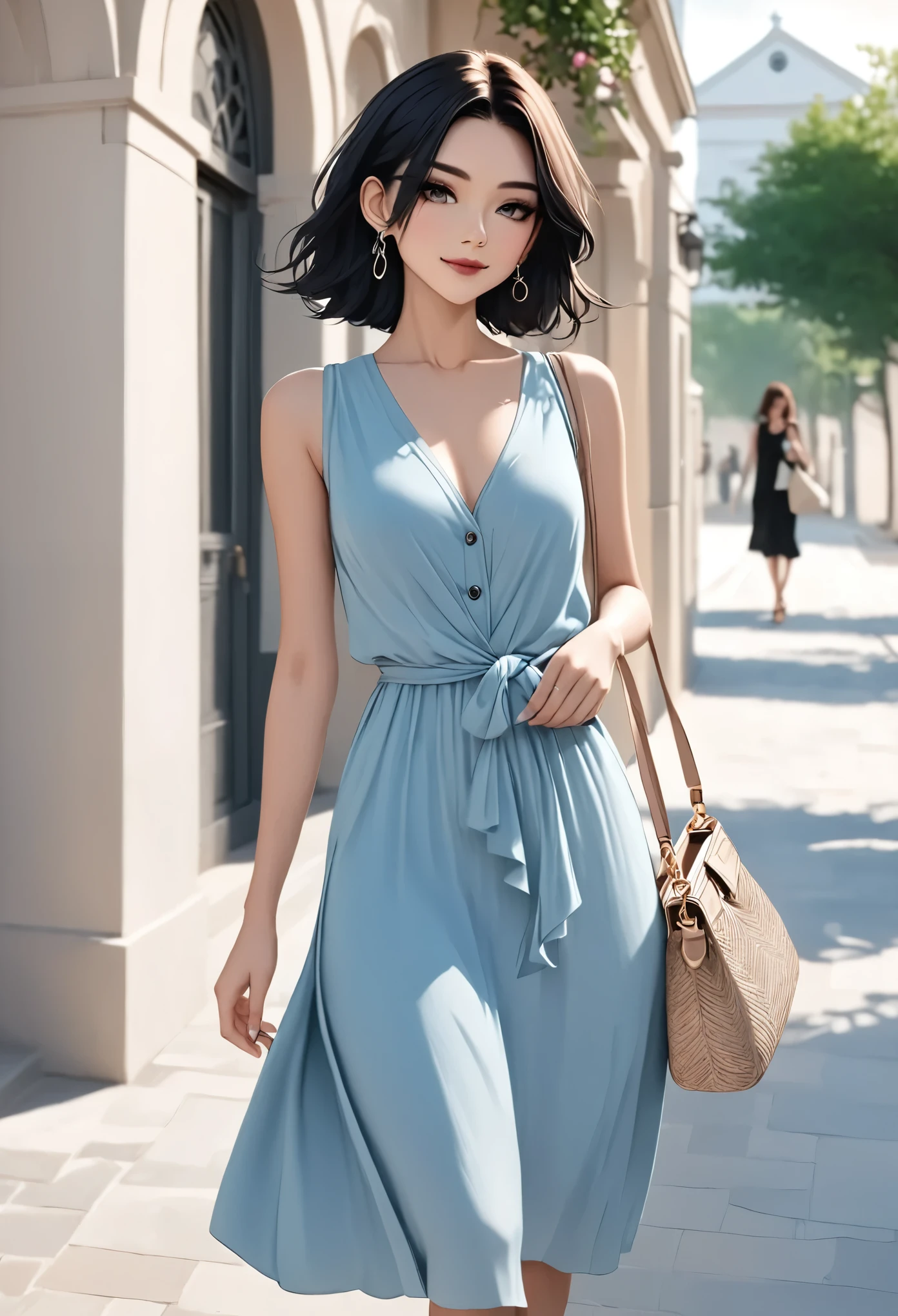 anime girl, pastel,dark gothic style, fashionable woman, light blue midi dress, sleeveless design, white cardigan draped over shoulders, beige woven handbag, open-toe beige heels, natural smile, bright and minimal background, casual yet elegant, feminine style, soft natural lighting, summer outfit, effortless chic, modern and polished look, clean and simple design, relaxed pose, airy and fresh vibe