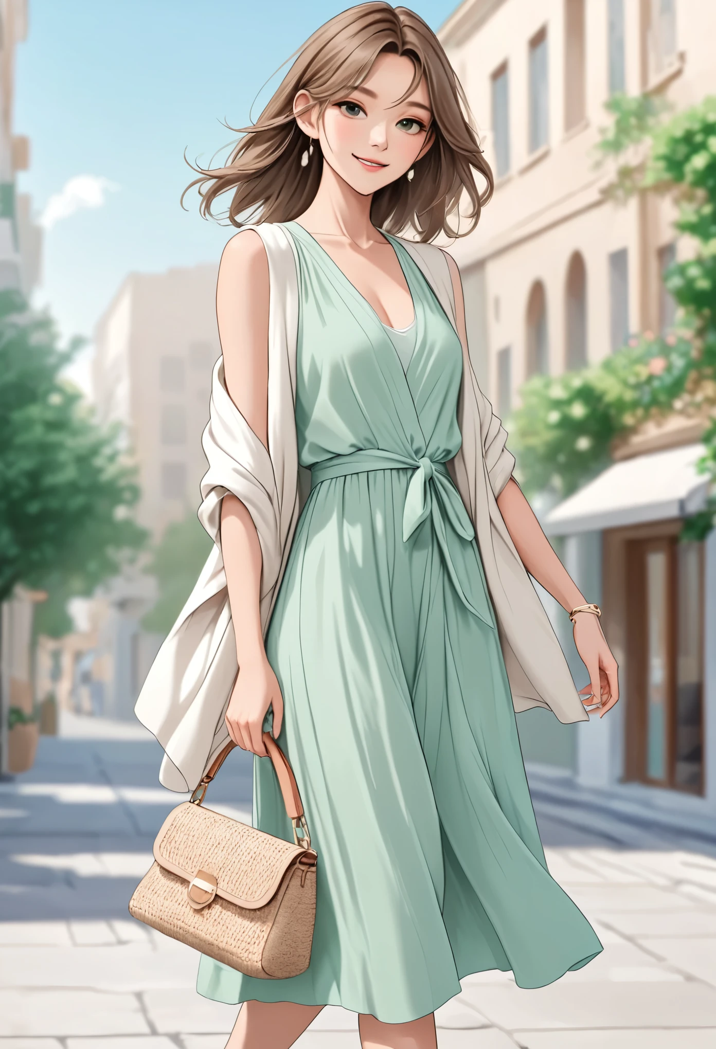 anime girl, pastel,theme color green, fashionable woman, light blue midi dress, sleeveless design, white cardigan draped over shoulders, beige woven handbag, open-toe beige heels, natural smile, bright and minimal background, casual yet elegant, feminine style, soft natural lighting, summer outfit, effortless chic, modern and polished look, clean and simple design, relaxed pose, airy and fresh vibe