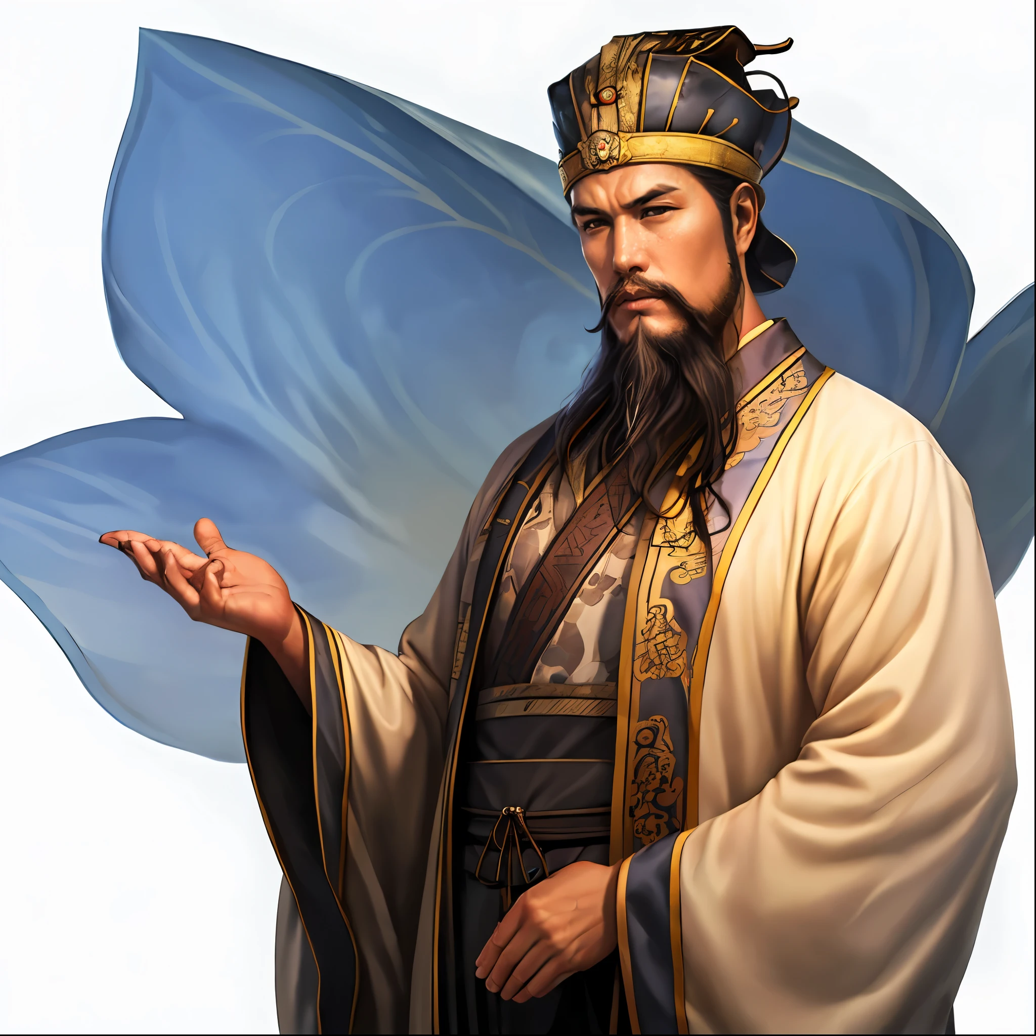 (4K,   Best Quality,  high resolution on down:1.1), (masterpiece:1.1),   One Man Touching a Beard , ( Ancient Chinese Civilian ), 40s, hermit,perfect eyes, slim face, beard,Long black hair, slim body:1.3, Confident, ( Simple Black Ancient Chinese Costumes,Ancient Chinese hat ),(looking away),(perfect Fingers,((hand in own beard:1.2)),Mokkan ,((( cowboy shot :1.3))),wide view:1.2,from Above:1.2,(( white background:1.3,simple background:1.2))